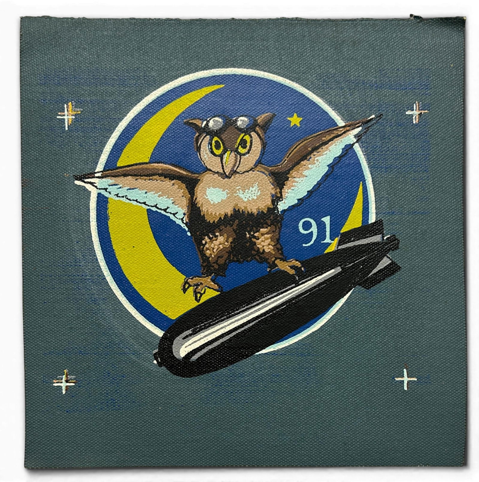 WWII U.S. Navy VTN-91 Torpedo Night Squadron Patch: World War Two VT(N)-91 Night Torpedo Squadron patch. Patch is silkscreened on canvas. Measures 6.875" x 7". The squadron was deployed aboard the USS Bon Homme Richard from May 22, 1945 until