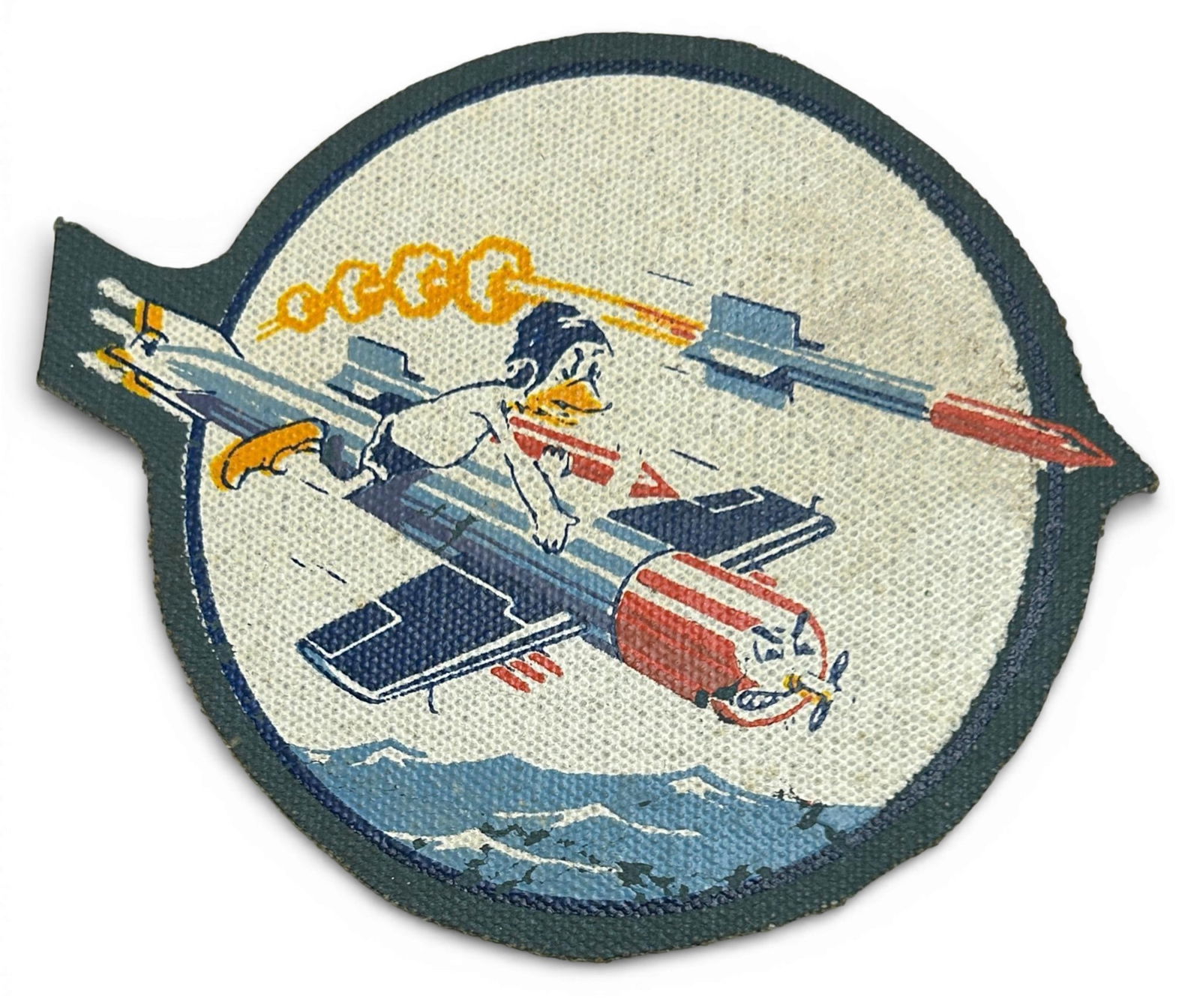 WWII U.S. Navy VT-86 Torpedo Squadron Patch: World War Two U.S. Navy VT-86 squadron patch. The patch is paint on leather. Measures 4.5" x 3.75". Established as Torpedo Squadron Eighty Six (VT-86) on June 15,1944. The insignia was approved by