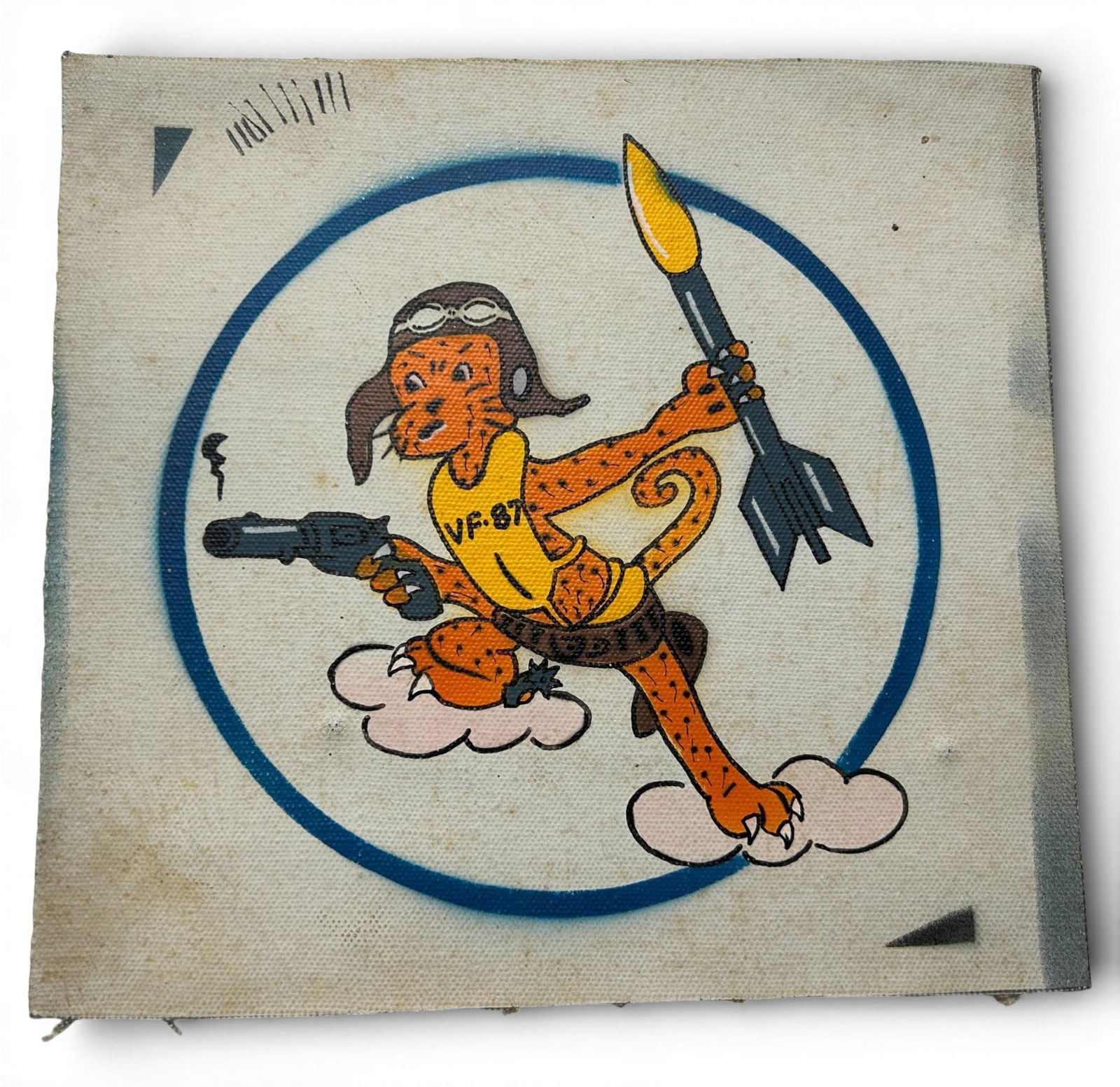 WWII U.S. Navy VF-87 Fighter Squadron Patch: World War Two U.S. Navy VF-87 squadron patch. The patch is silkscreen on canvas. Measures 7.25"x 7.5". Established as Fighter Squadron Eighty Seven (VF-87) on July 1,1944. The insignia approval date