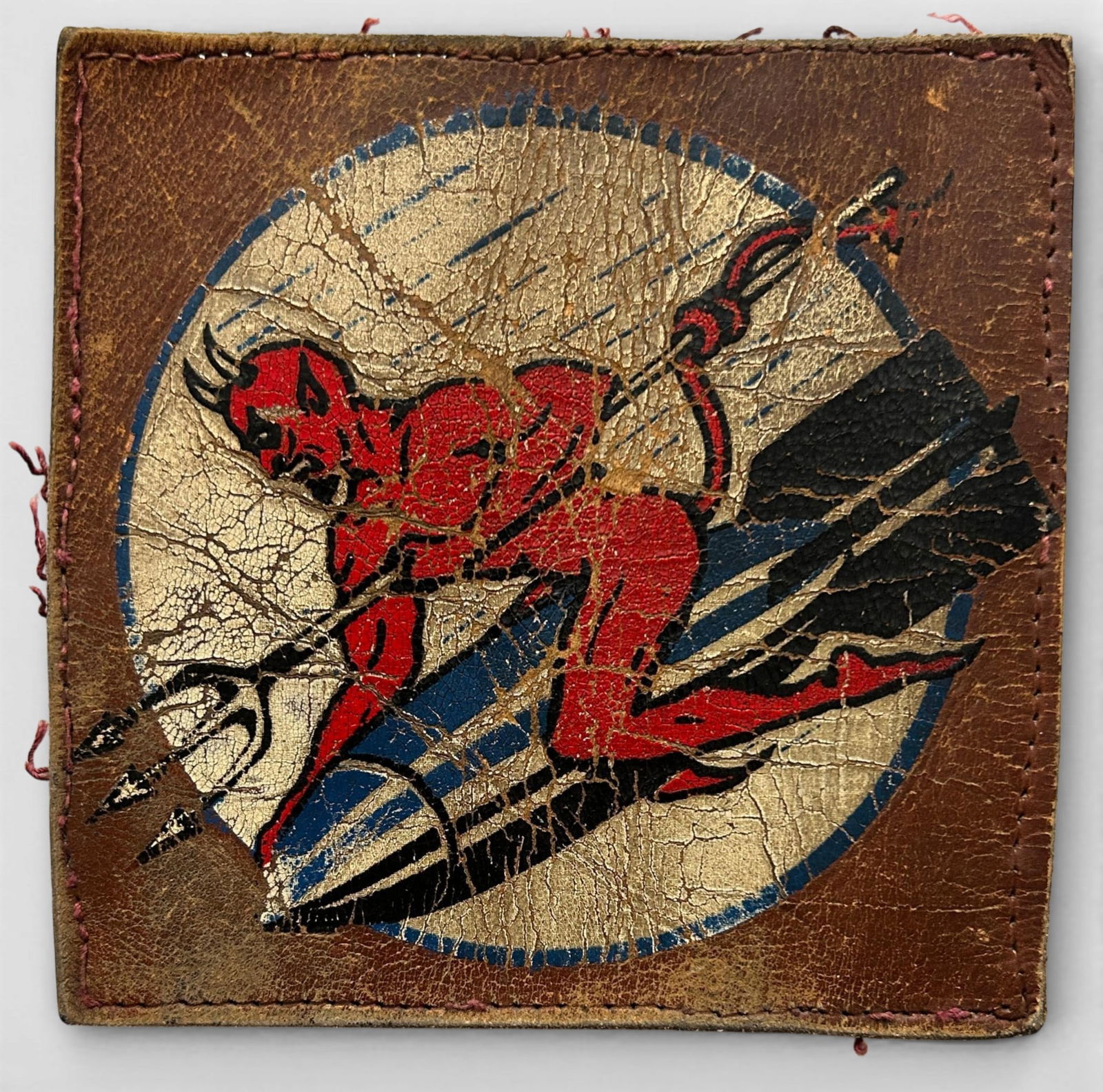 WWII U.S. Navy VB-13 Bombing Squadron Patch: World War Two U.S. Navy VB-13 squadron patch. The patch painted on leather. Measures 4.625" x4.75". Established as Bombing Squadron Thirteen (VB-13) on November 1, 1943. The insignia was approved by