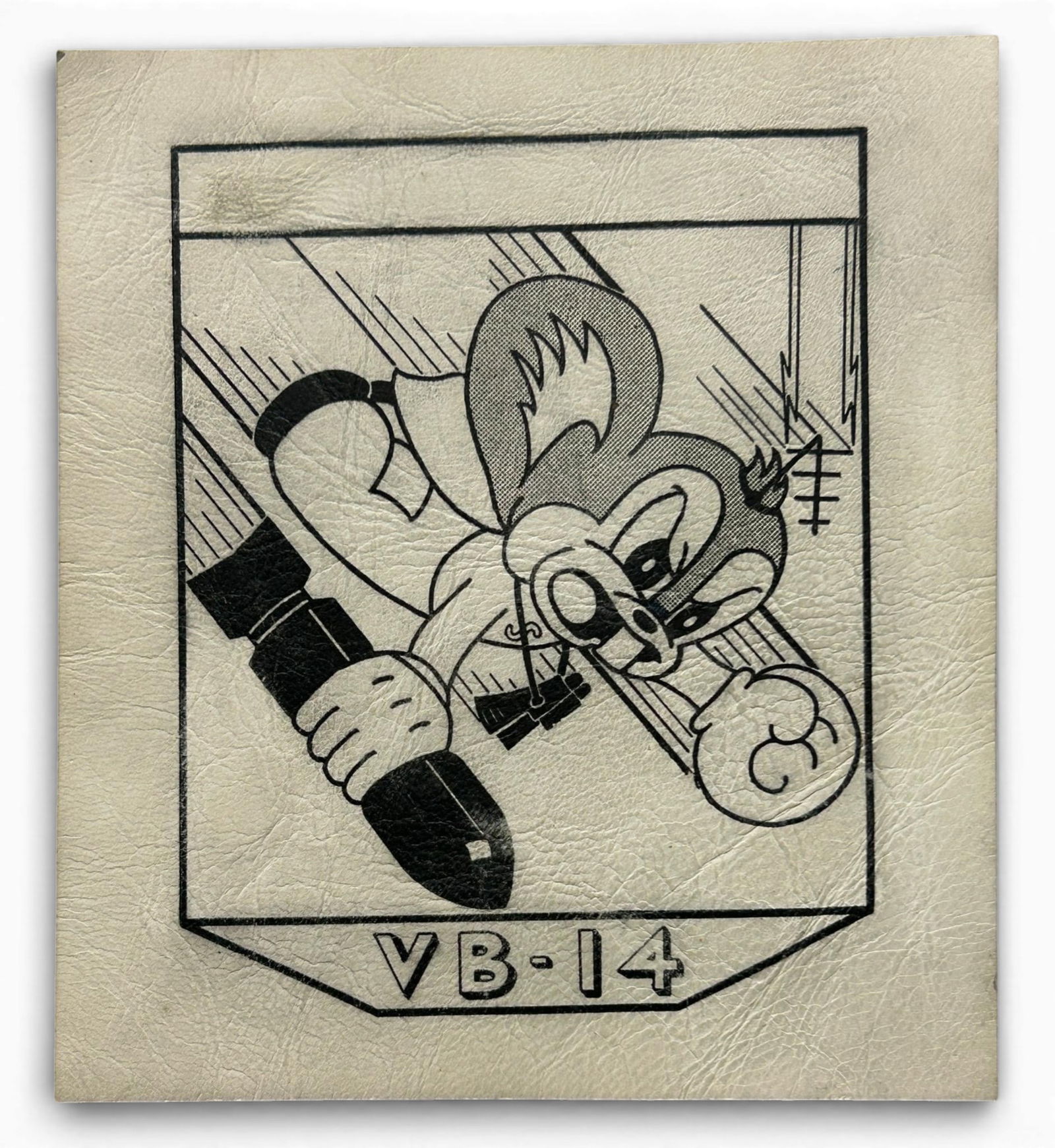 WWII U.S. Navy VB-14 Bombing Squadron Patch: World War Two U.S. Navy VB-14 squadron patch. The patch is decal on leather. Measures 4.375" x 4". Established as Bombing Squadron Fourteen (VB-14) on September 1, 1943. This Disney designed insignia