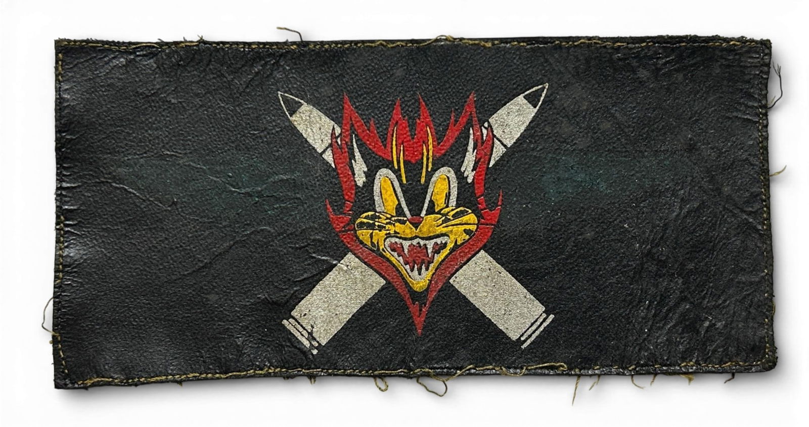 WWII U.S. Navy VF-13 Fighter Squadron Patch: World War Two U.S. Navy VF-13 squadron patch. The patch is painted on leather. Measures 6.25" x 3". Established as Fighting Squadron Thirteen (VF-13) on November 2, 1943. Insignia approved on January