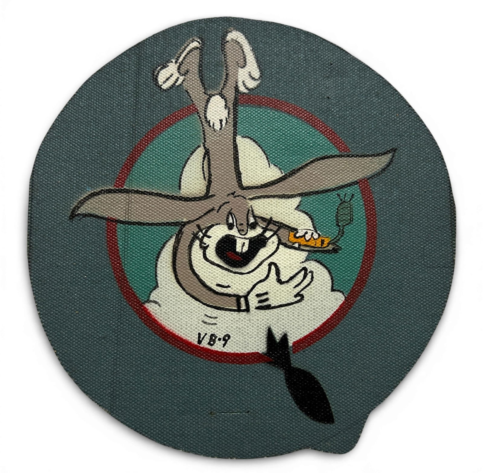 WWII U.S. Navy VB-9 Bombing Squadron Patch: World War Two U.S. Navy VB-9 squadron patch. The patch is painted on canvas.. Measures 5.875" in diameter. Established as Bombing Squadron Nine (VB-9) on March 1, 1942. The insignia was approved by