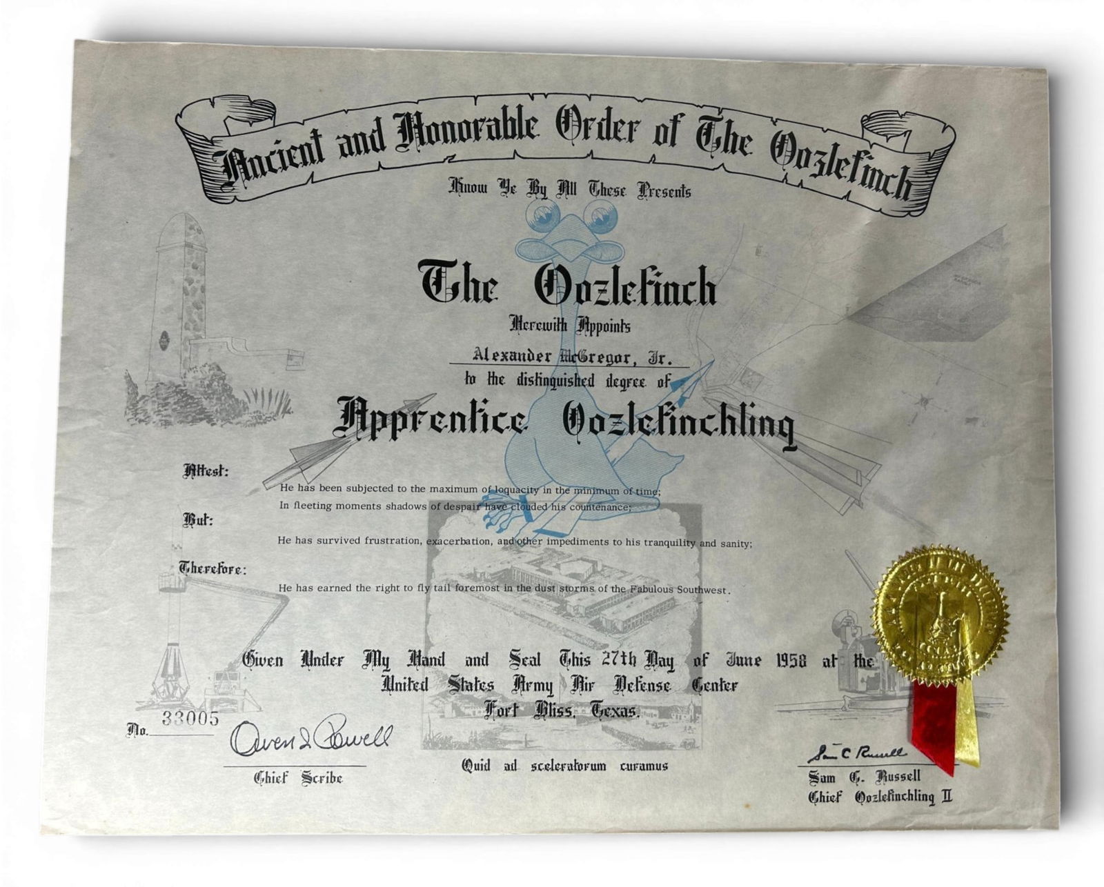 Order of the Oozlefinch Certificate and Rare Named Oozlefinch Badge Fort Bliss Texas: 1958 Ancient and Honorable Order of the Oozlefinch certificate, History of the Oozlefinch pamphlet, and rare named badge presented on May 27, 1958 to Alexander McGregor Jr at Fort Bliss Texas, the