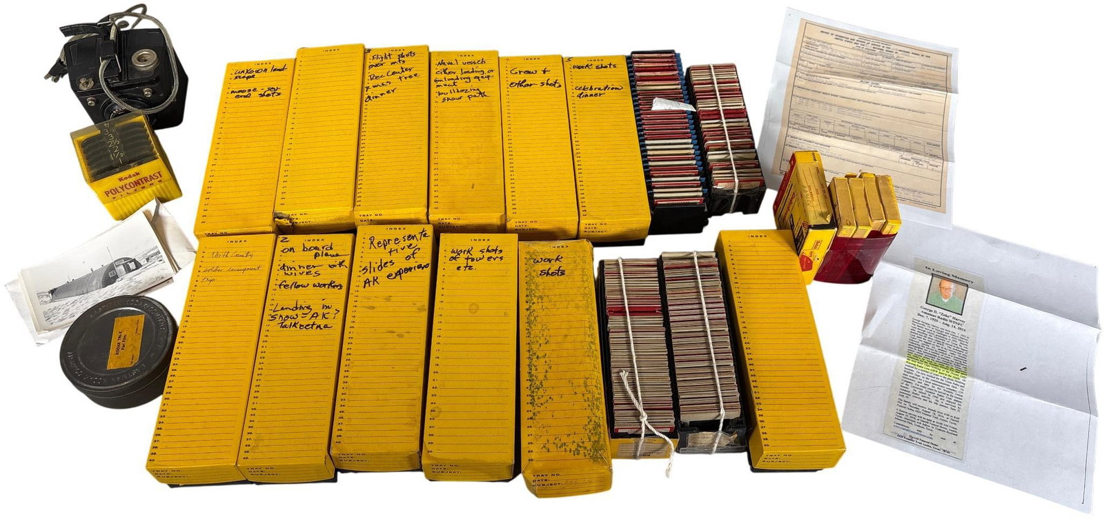 Archive of 718 Kodachrome Slides and Ephemera Documenting Cold War Distant Early Warning Line Constr: This extensive historical archive documents the professional career of George D. Zeke Harvey (1925–2016) during his tenure as an electronic technician for Western Electric on the Distant Early Warni