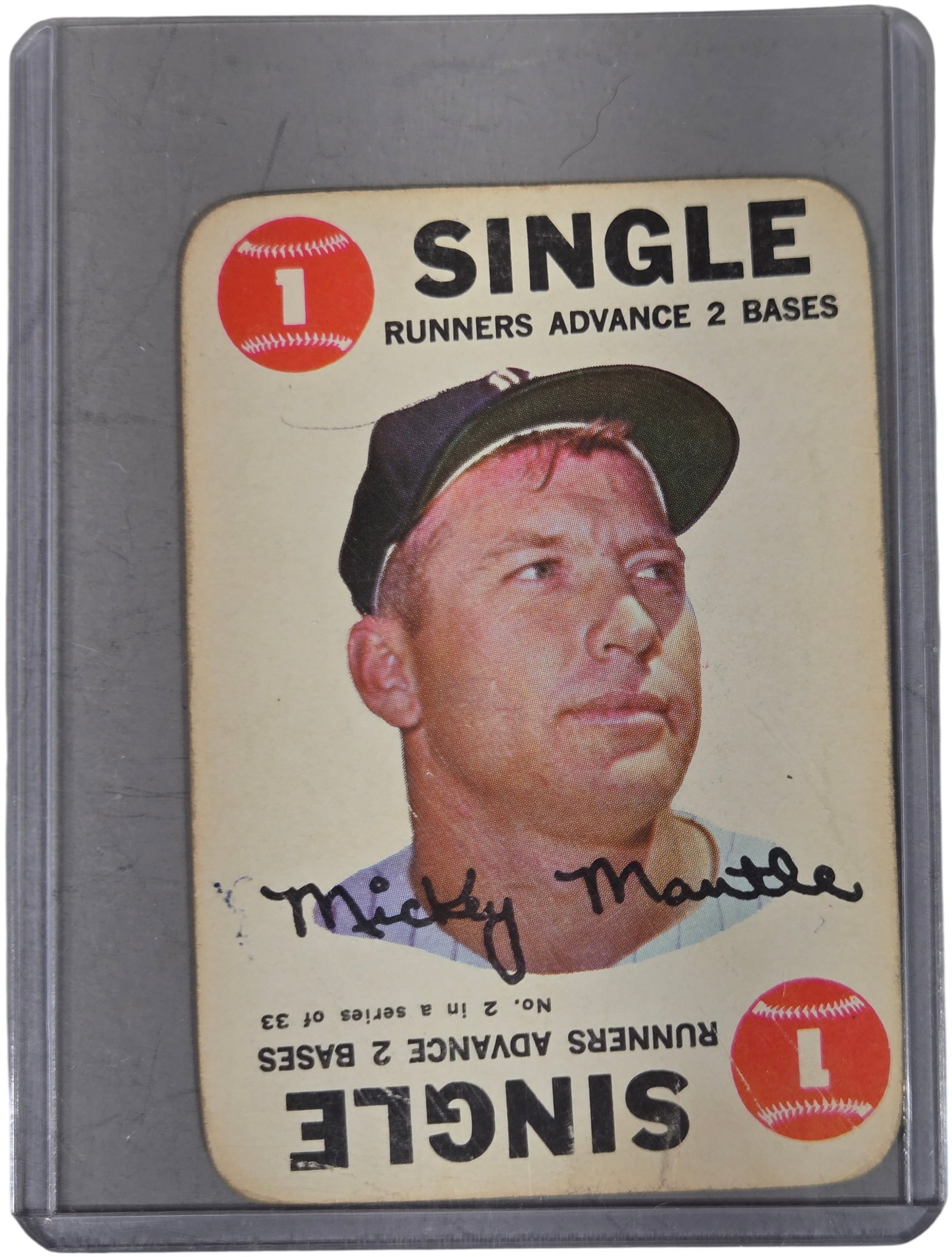 1968 Topps Game #2 Mickey Mantle Signed Trading Card, Raw: This is a 1968 Topps Game baseball card featuring New York Yankees legend Mickey Mantle. Identified as card number 2 in a 33-card insert series, the card was originally designed for a simulated baseba