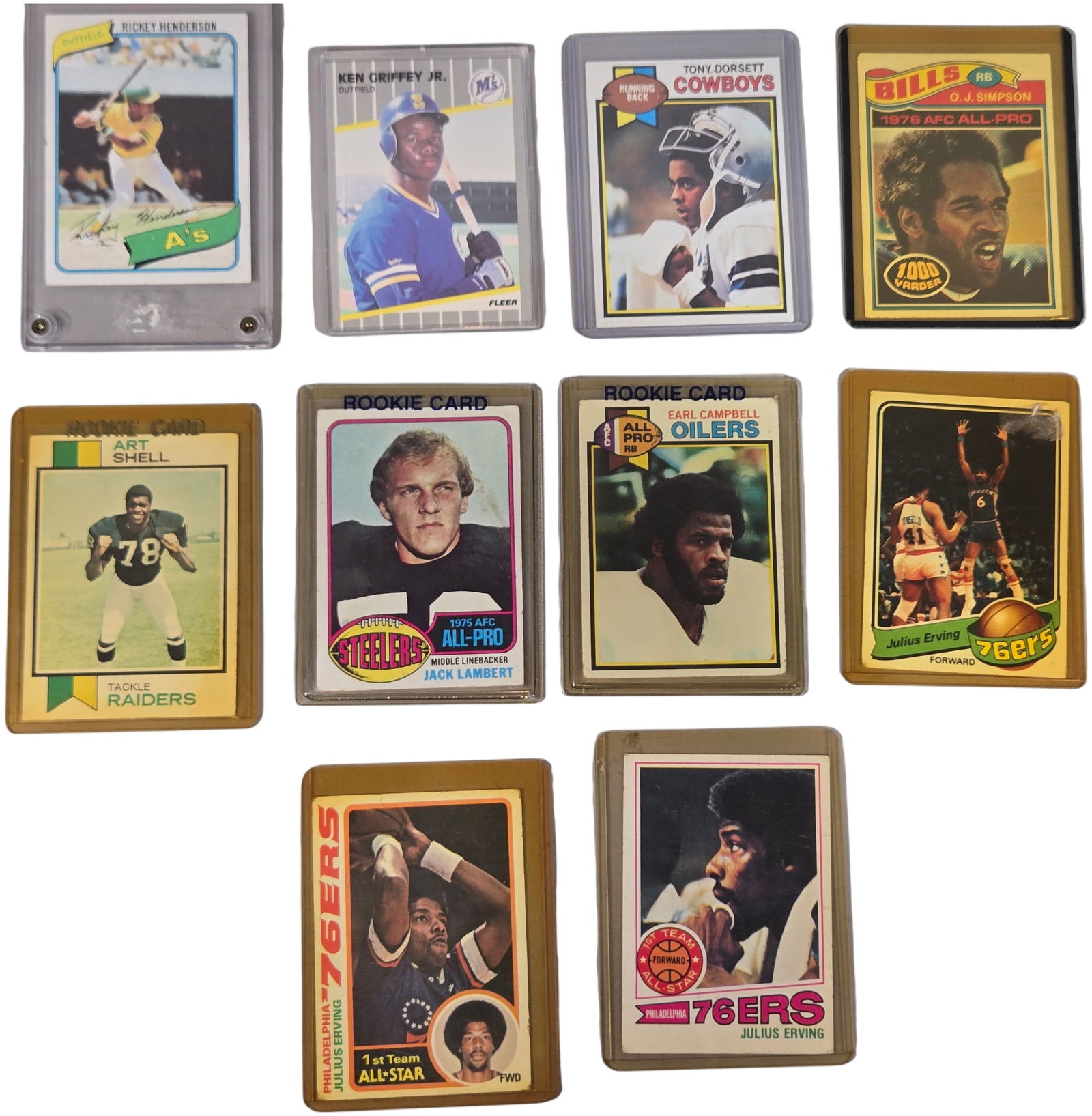 Collection of Vintage Sports Trading Cards featuring Rickey Henderson, Ken Griffey Jr., and Julius (1 of 5)