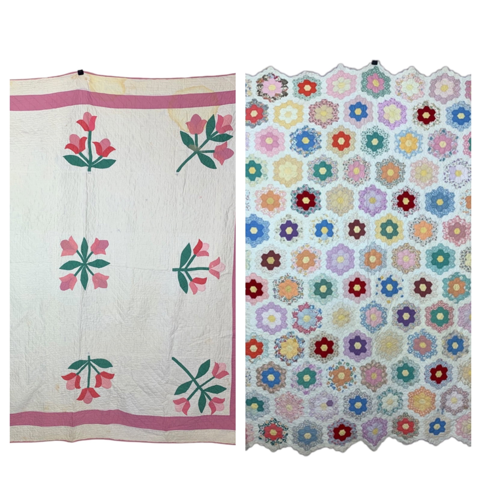 A Pair of Vintage Hand-Stitched Cotton Quilts, Appliqué Tulip and Grandmother's Flower Garden (1 of 20)