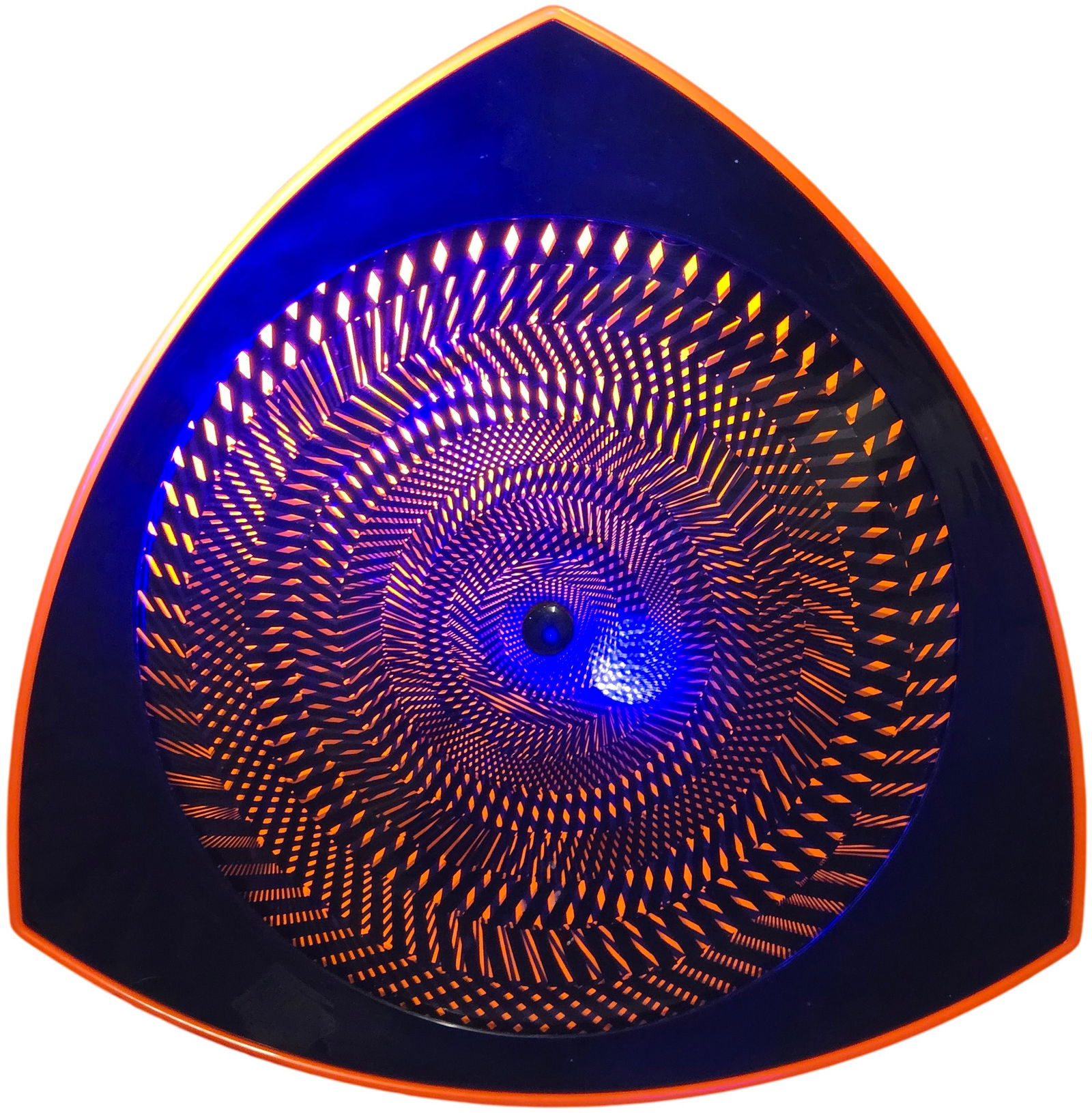 Rabbit Tanaka Lumaseries CyberSpace Red Kinetic Wall Motion Lamp Model 09682: A Rabbit Tanaka Lumaseries CyberSpace kinetic wall-mounted motion lamp, model number 09682. The fixture features a triangular shield-shaped housing with a red-orange plastic frame and a black plastic