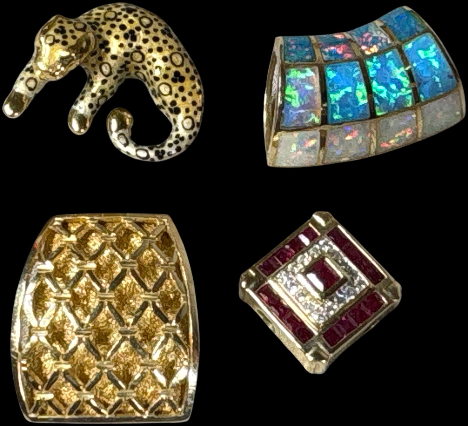 A Collection of 14 Karat Yellow Gold and Multi-Gemstone Slide Pendants: This collection of 14 karat yellow gold slide pendants features various designs and gemstone accents. The assortment includes a curved rectangular pendant with inlaid segments of blue, green, and whit