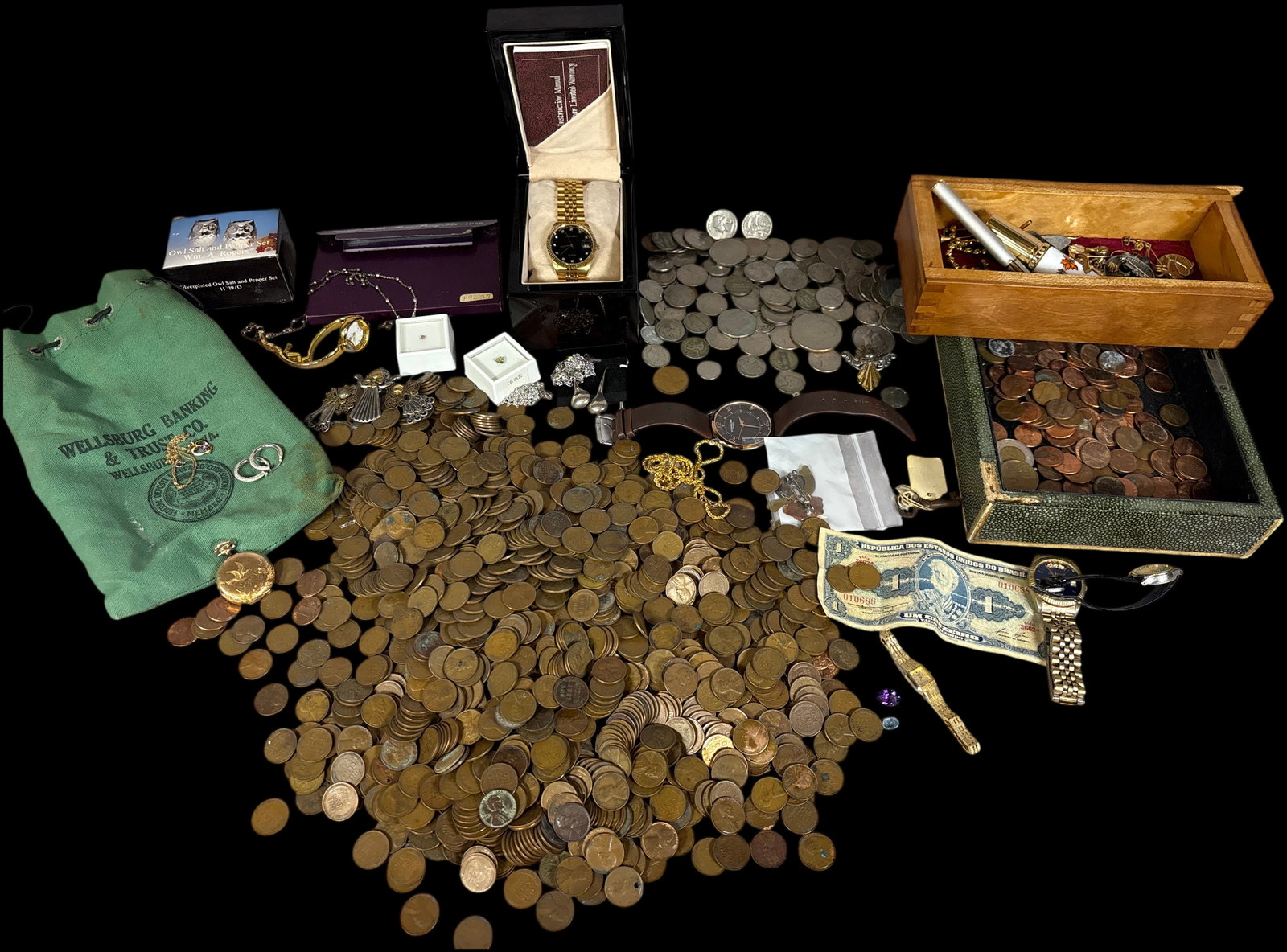 US and World Coin Collection with Hampden Pocket Watch and Jewelry: An assortment of United States and international numismatic items, timepieces, and personal effects. The collection includes a large quantity of circulated United States coinage, primarily Lincoln cen