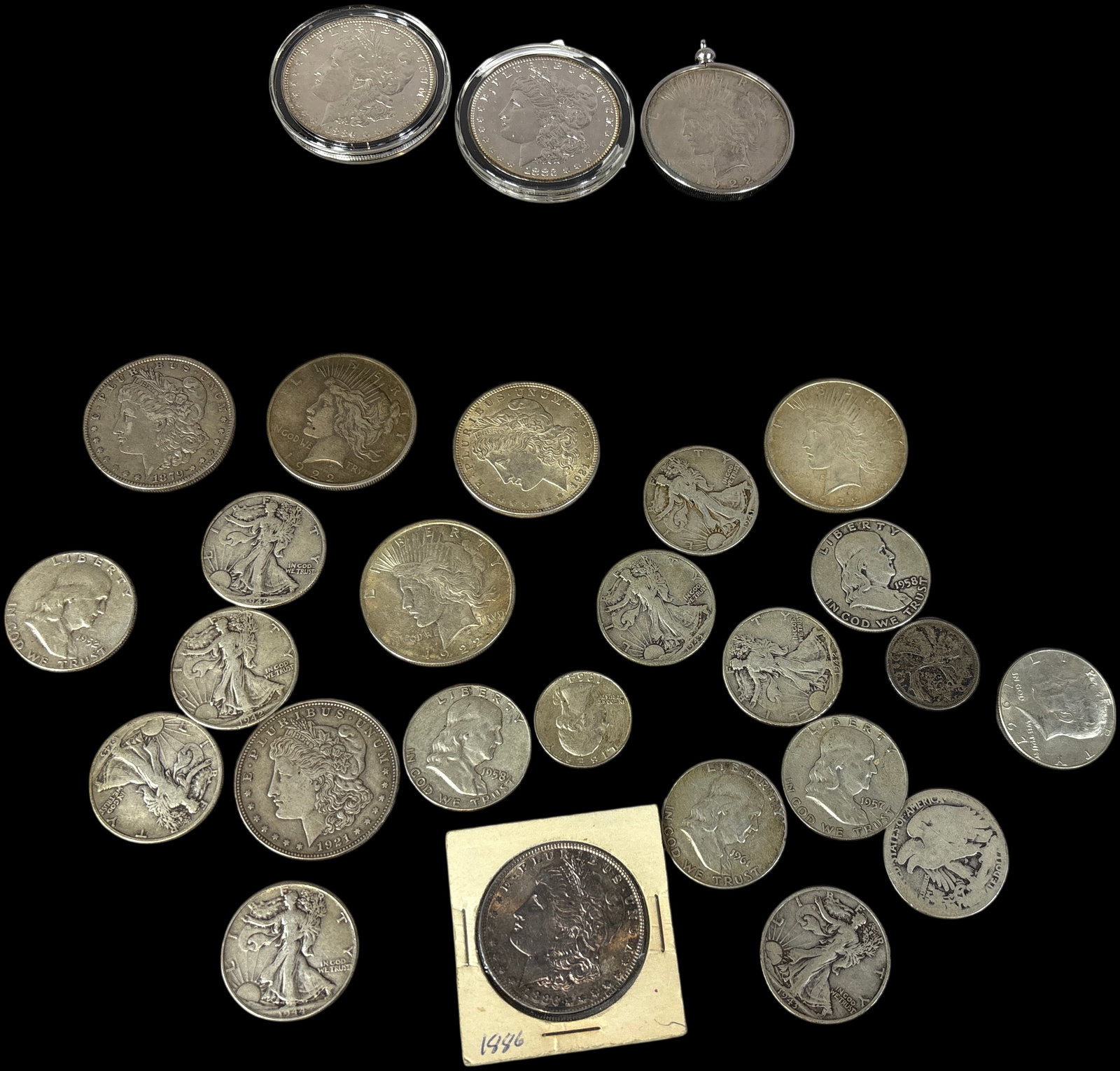 A Collection of US Silver Coins including Morgan and Peace Dollars (1 of 10)