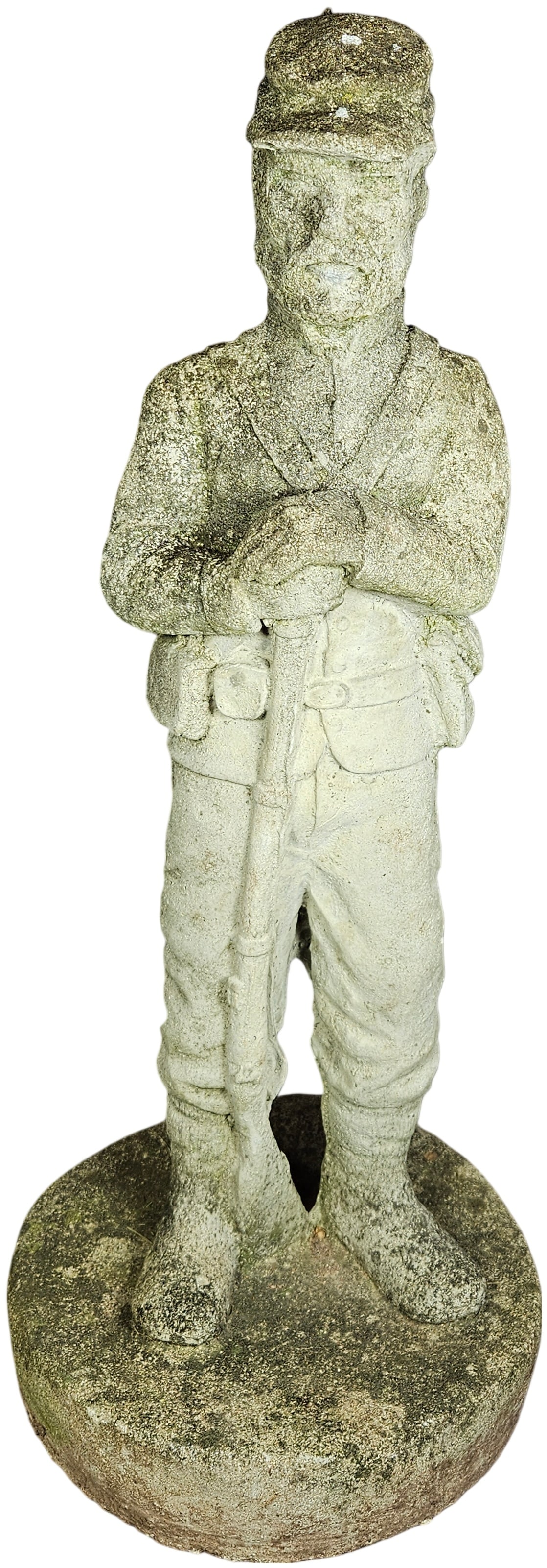 American Civil War Soldier Cast Stone Garden Sculpture: This cast stone garden sculpture depicts a standing American Civil War era soldier, specifically modeled as an infantryman. The figure is represented wearing a traditional kepi cap and a military shel