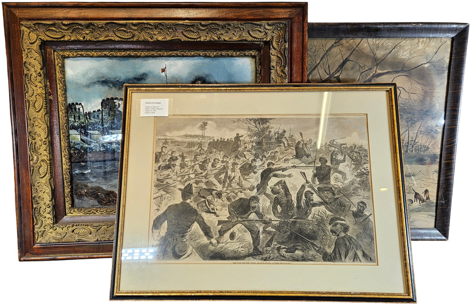 A Trio of Framed Artworks Including a Winslow Homer Civil War Wood Engraving, a Moonlit Coastal Fort: This lot features framed artworks of varying subjects and media. The first is a relief wood engraving after Winslow Homer (1836-1910) titled A Bayonet Charge from the series The War for the Union, 186