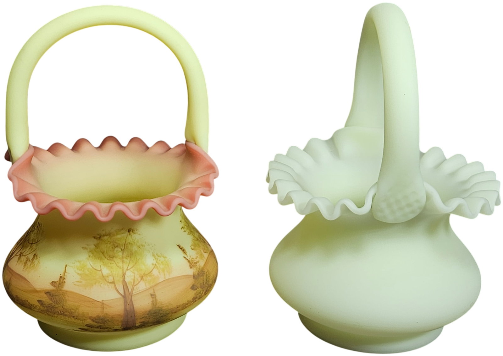 A Pair of Fenton Art Glass Baskets in Burmese and Custard Satin (1 of 14)