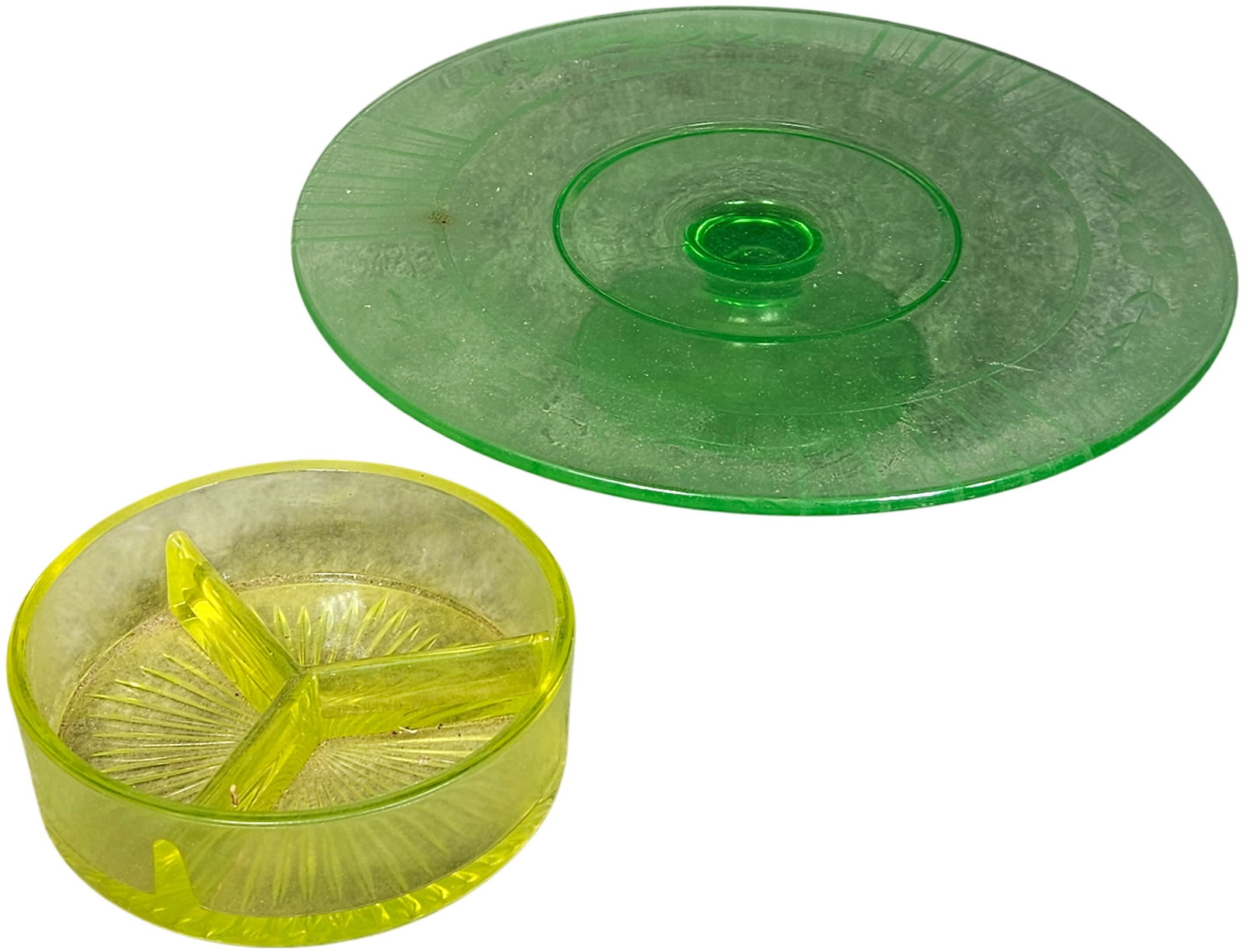 Pieces of Depression Era Glassware Including a Green Pedestal Cake Stand and a Yellow Divided Dish (1 of 8)