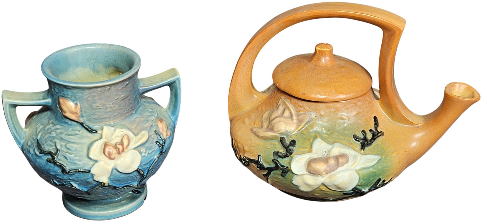 Pieces of Roseville Magnolia Art Pottery: This lot features examples of American art pottery produced by the Roseville Pottery Company in the Magnolia pattern, which was first introduced in 1943. Both pieces are decorated with relief-molded m