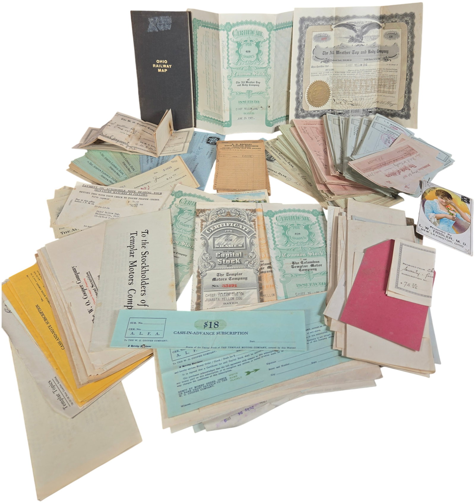 A Collection of Early 20th Century Ohio Stock Certificates Financial Ephemera and 1914 Railroad Map (1 of 13)