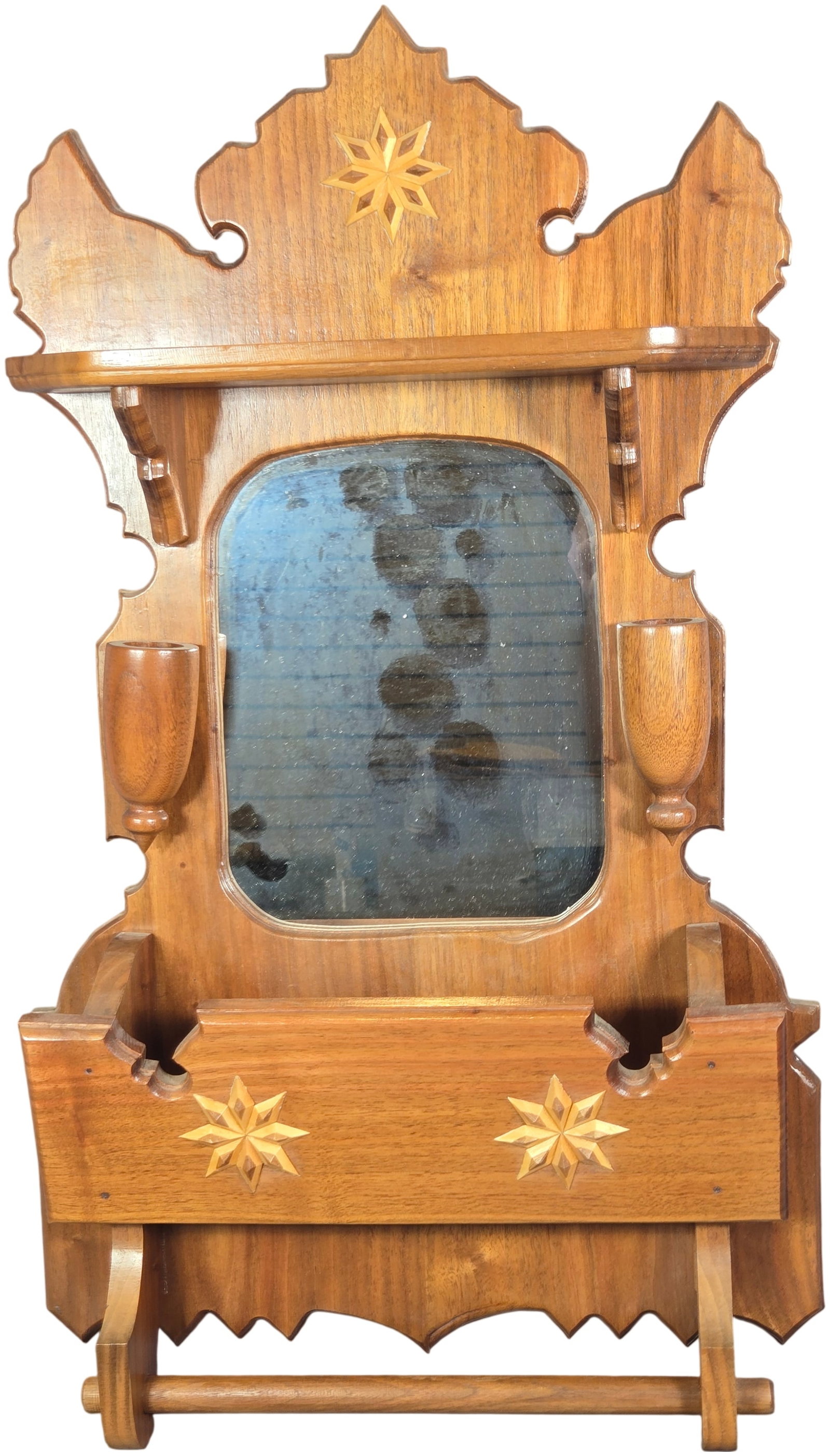 Contemporary Folk Art Wooden Wall Mirror and Shelf Signed George Limbcoher 1990 (1 of 3)