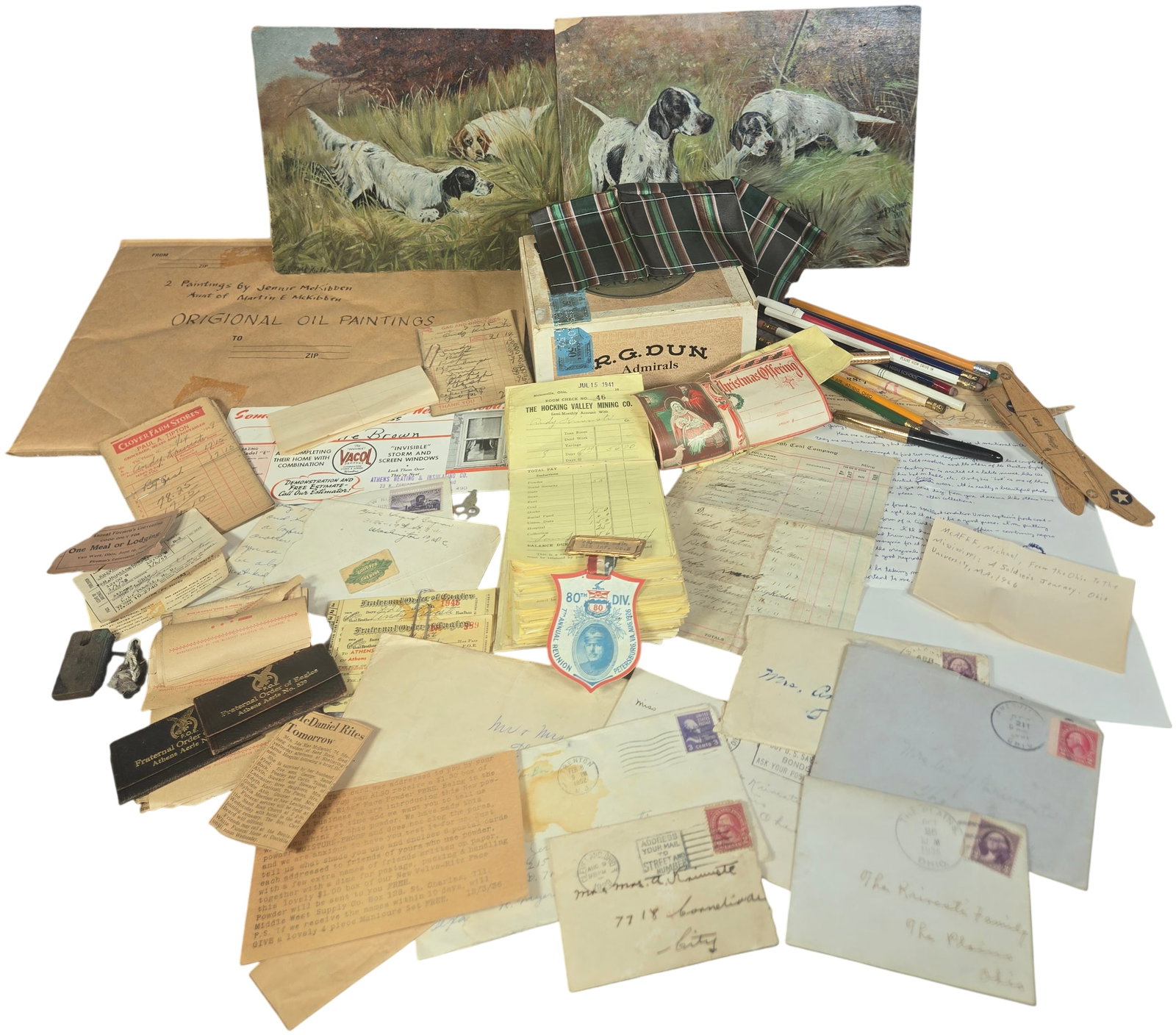 An Assortment of Early to Mid 20th Century Ohio Mining Ephemera Personal Documents and Original Oil: This lot comprises an extensive archival collection centered on the Krivusti family of The Plains and Athens, Ohio, spanning from approximately 1911 through the 1960s. Included are two original oil on