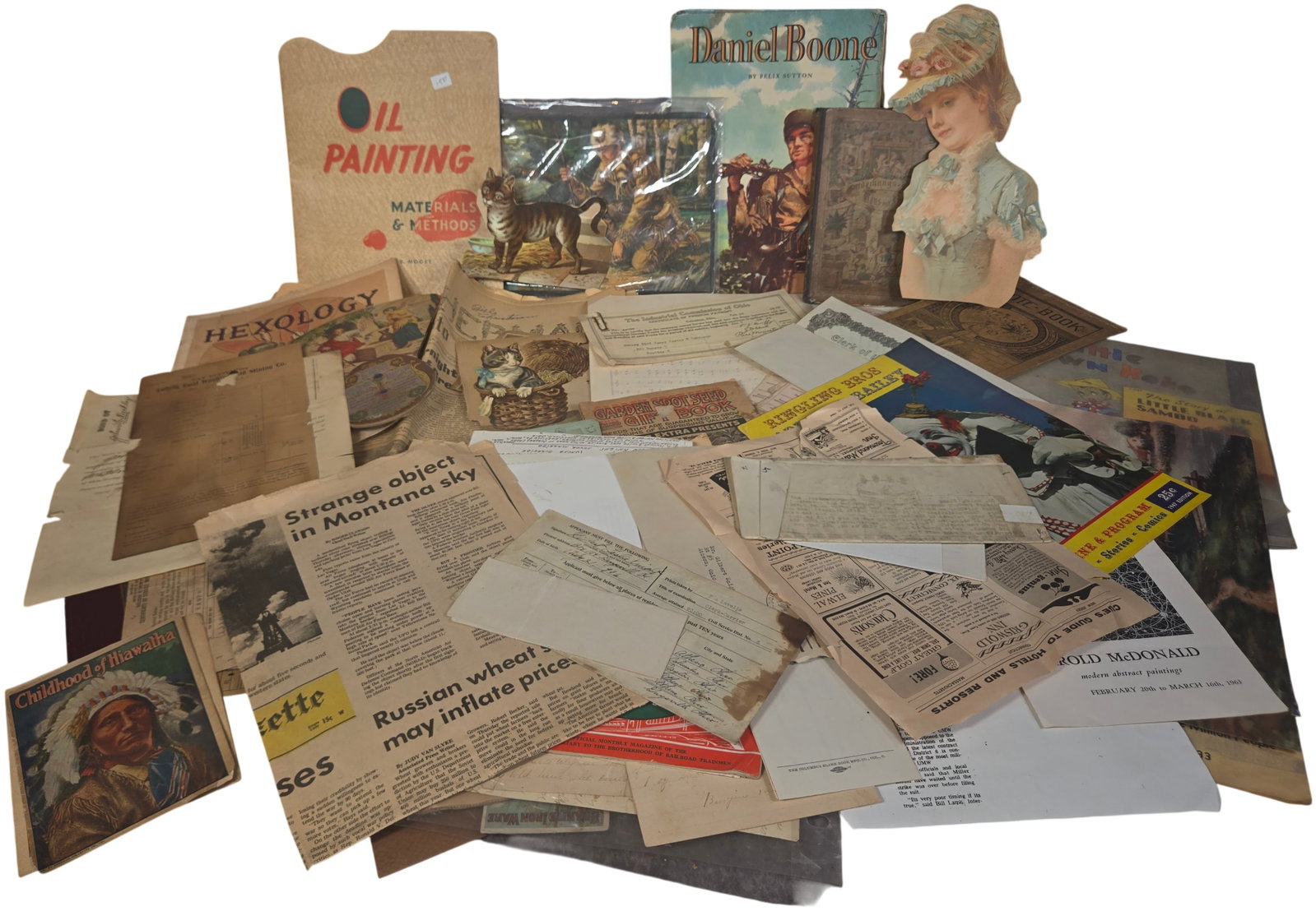 An Extensive Collection of Vintage Ephemera, Historical Documents, and Books Featuring Mining,: This collection includes a wide variety of antique and vintage paper goods, books, and official records spanning the mid-19th to the mid-20th century. Notable bound volumes include a 1956 edition of D