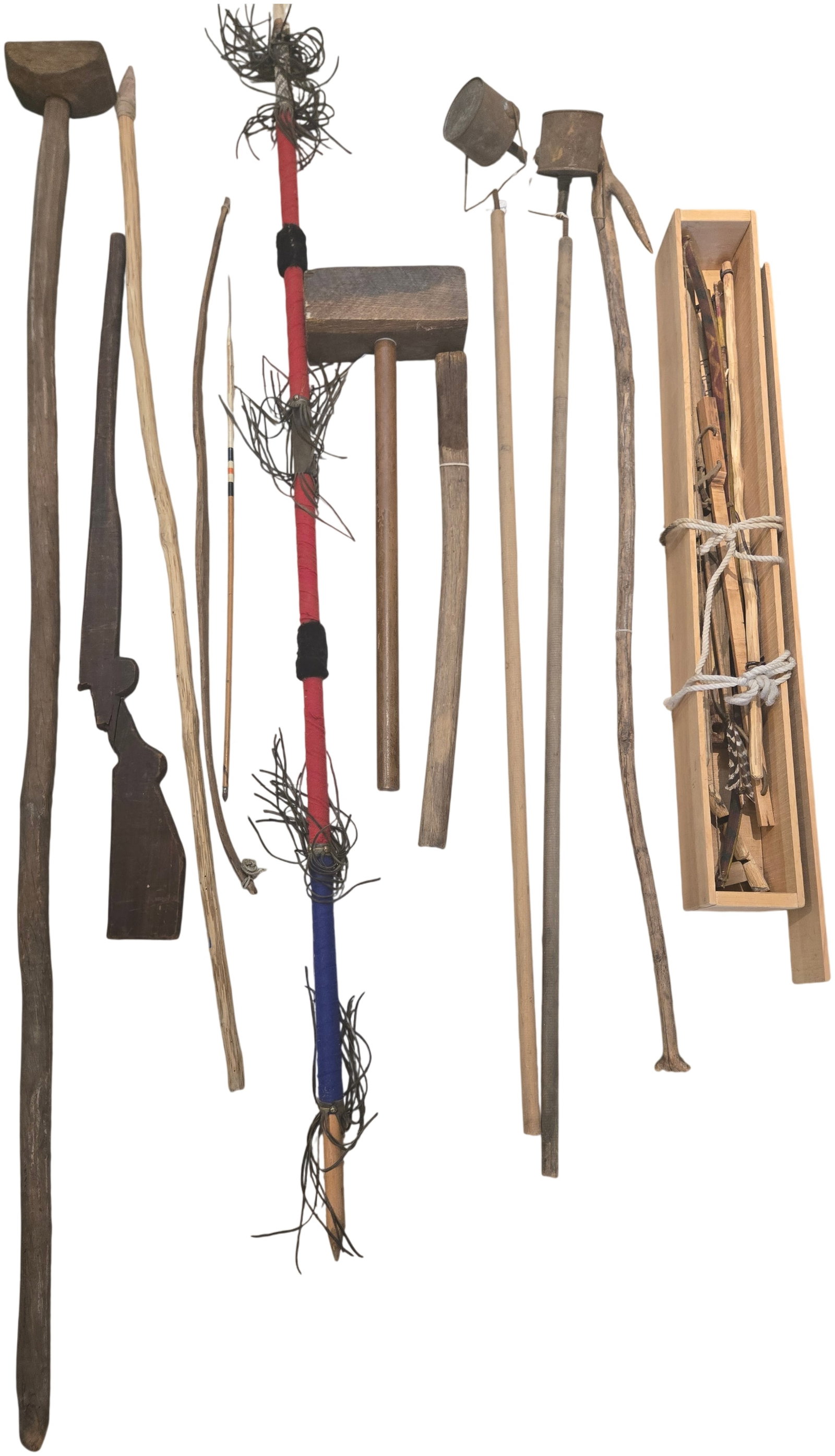 An Assortment of Ethnographic Replicas and Historical Demonstration Tools: This collection includes an assortment of items designed in the styles of Indigenous American and early historical technologies, constructed from wood, lithics, metal, and hide. Featured is a decorati