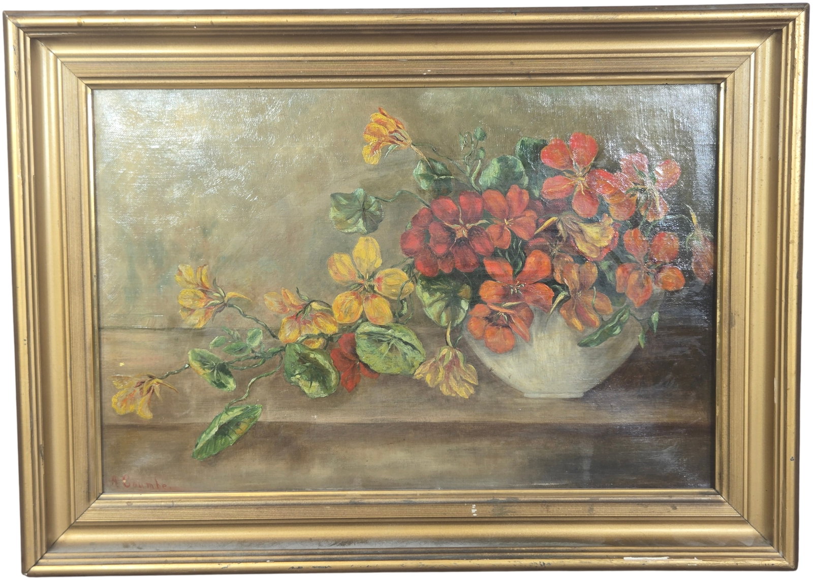 A. Coombe, Still Life with Nasturtiums, Oil on Canvas: This oil on canvas still life painting depicts an arrangement of nasturtiums in a white ceramic bowl, set against a muted, atmospheric background. The composition features a dense cluster of red and