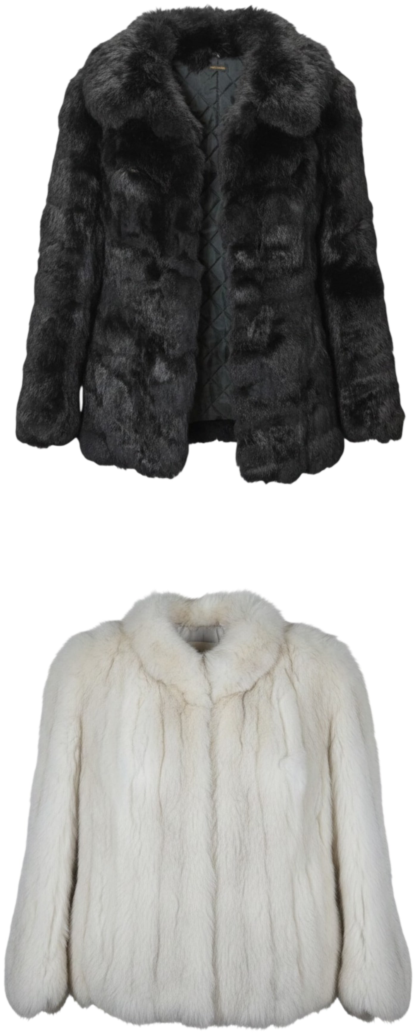 Fur Coats Including Black and Off White Examples: fur coats including a black example with a quilted lining and a label reading MADE IN KOREA, accompanied by an off-white fur jacket. Burns in-house shipping is available. Pickup is Thursday, May 28