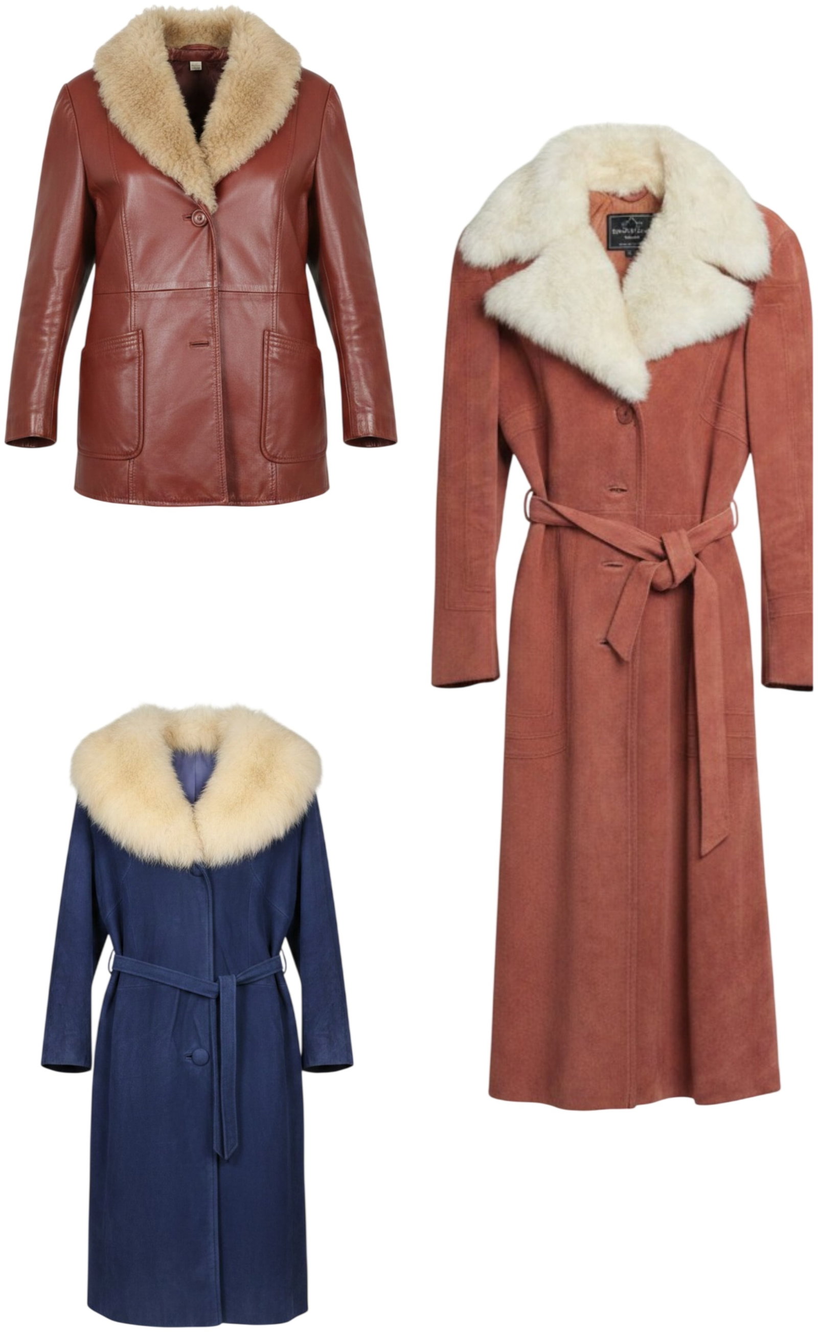 A Trio of Vintage Women's Leather and Suede Coats with Fur Trim, Circa 1970s-1980s: A trio of vintage ladies' coats composed of leather car coat and two full-length suede coats, featuring prominent fur-trimmed collars. Item one is a hip-length leather car coat in a cognac or
