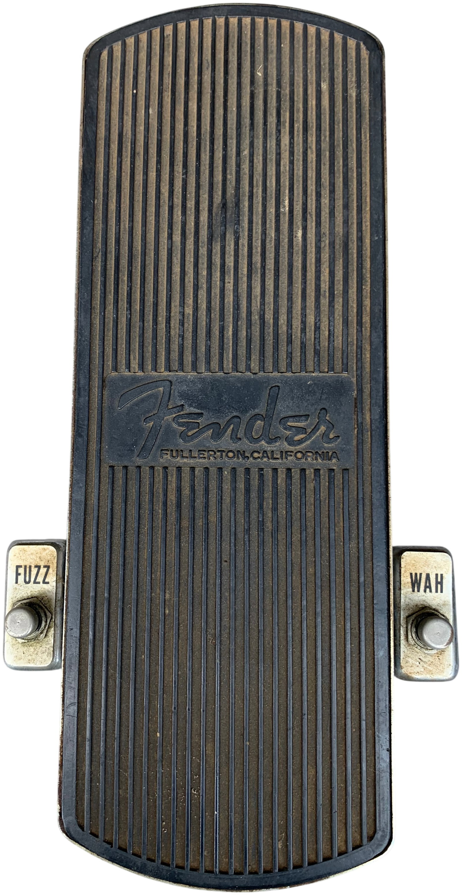 1970s Fender Fuzz Wah Effects Pedal: Fender Fuzz Wah guitar effects pedal, manufactured in Fullerton, California, circa the early 1970s. The unit features a dual-function design housed in a polished chrome-plated metal chassis with a