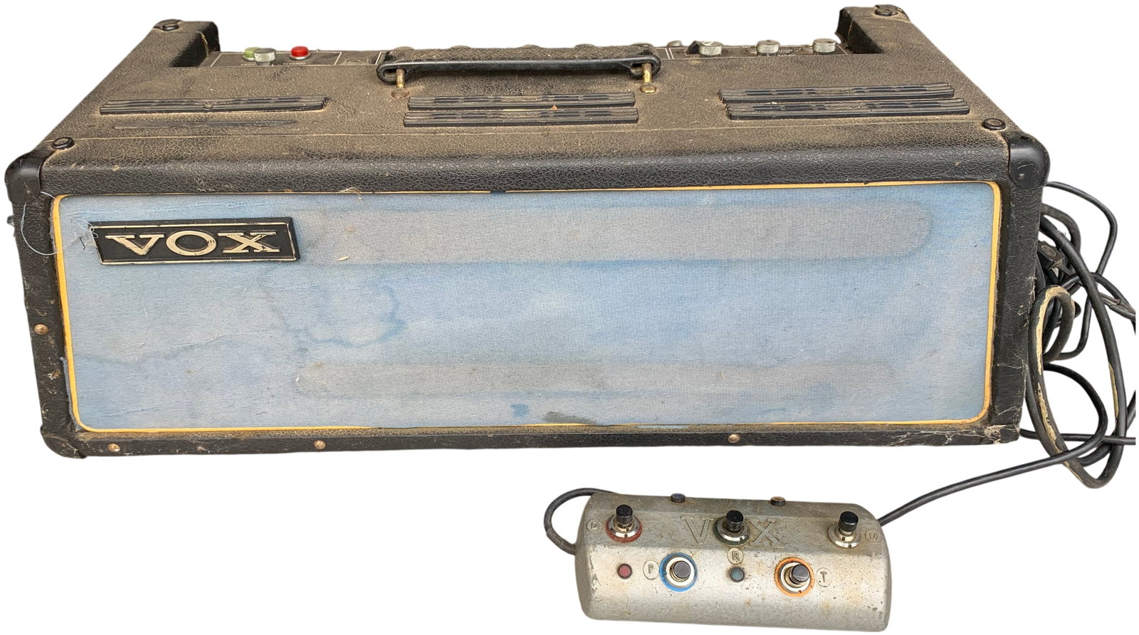 Vintage VOX Super Beatle V1141 Guitar Amplifier Head and Footswitch: A VOX Super Beatle Model V1141 solid-state guitar amplifier head with black tolex and blue grille cloth accompanied by a vintage foot controller. Burns in-house shipping is available. Pickup is