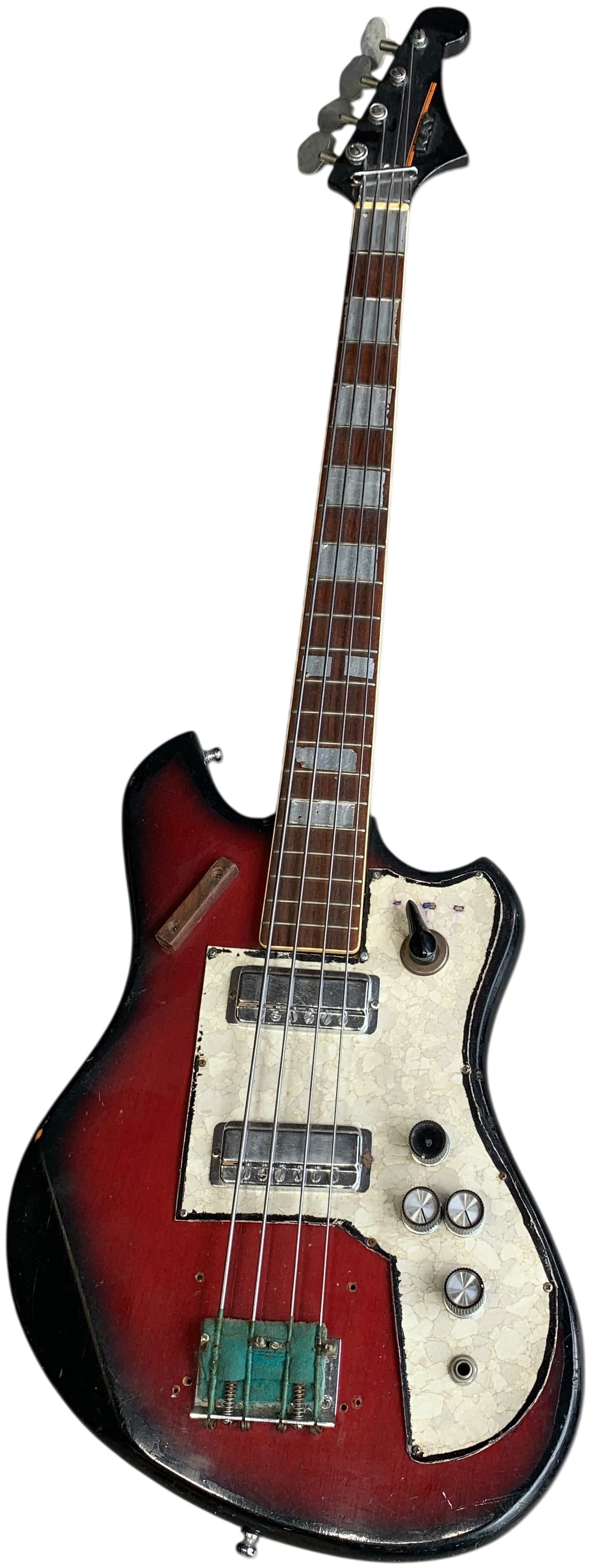 Kay Mustang Electric Bass Guitar: This is a Kay Mustang electric bass guitar featuring an offset double-cutaway solid wood body with a red-to-black sunburst finish. The headstock displays a raised metal Kay logo adjacent to a