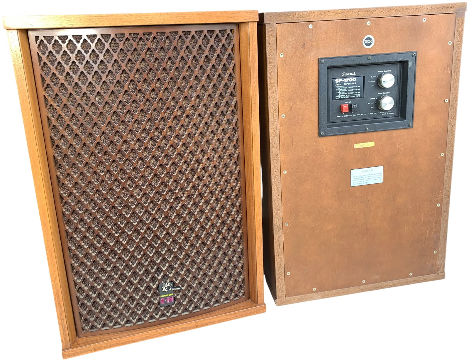 A Pair of Vintage Sansui SP-1700 High Power Series 3-Way 5-Speaker Systems: This lot features a pair of vintage Sansui SP-1700 high-fidelity speakers, manufactured in Japan by Sansui Electric Co., Ltd. part of the manufacturer's High Power Series from the early 1970s. These