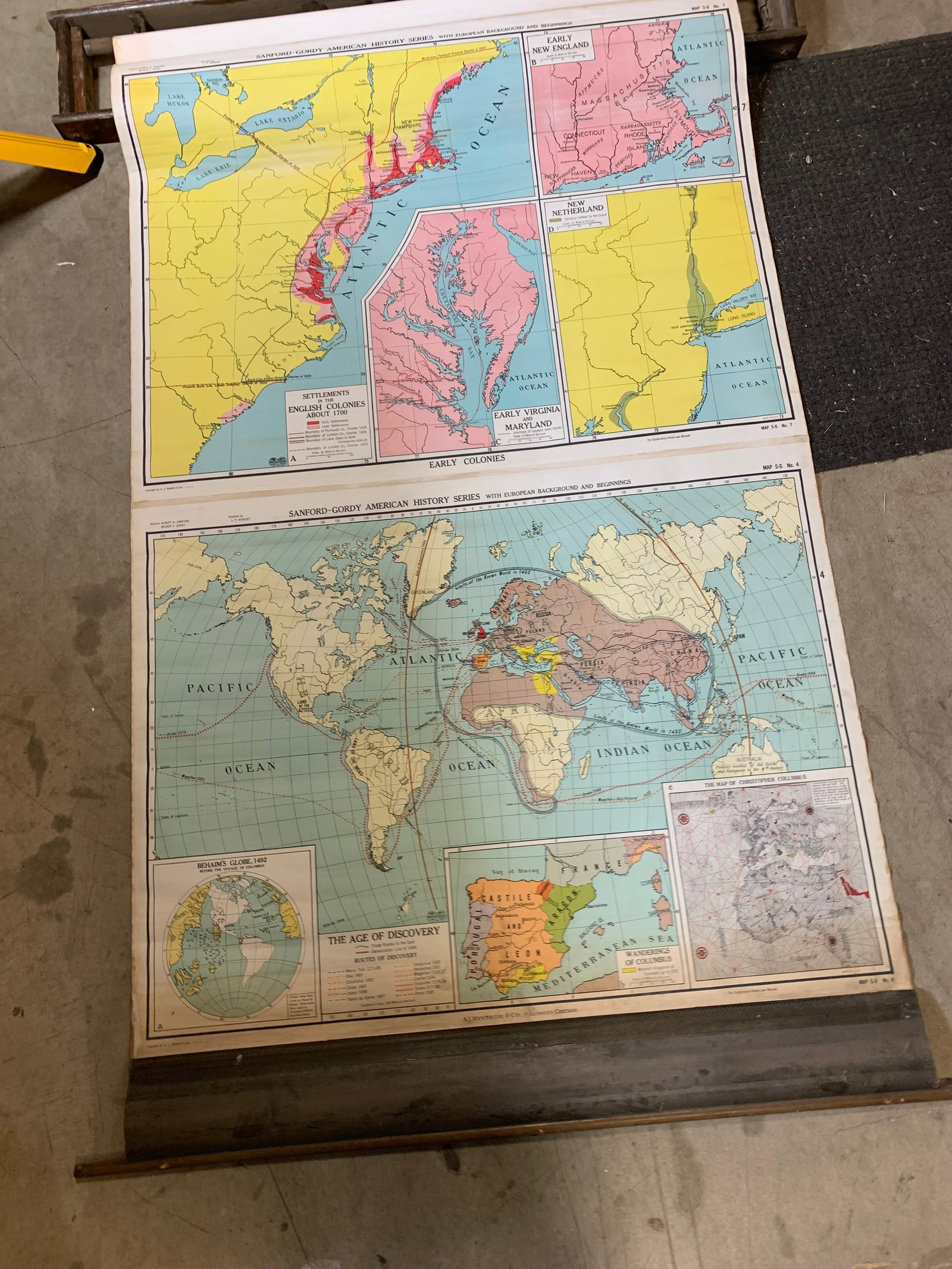 Vintage school Pull Down Multi Map System + Native Americans Pull Down Map - 13