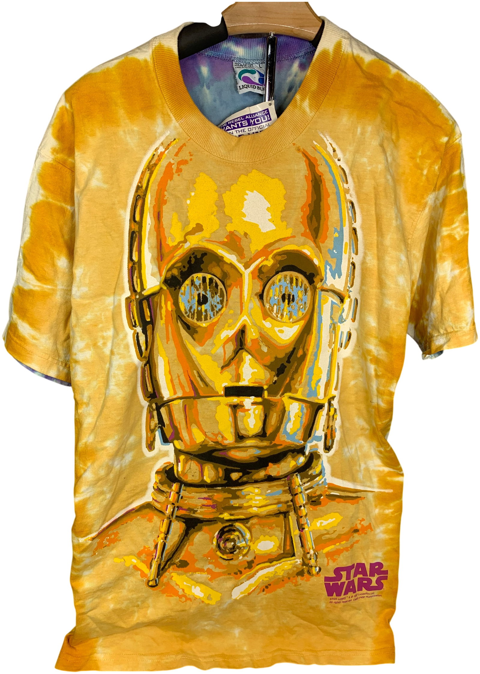 Vintage 1997 Liquid Blue Star Wars C-3PO and R2-D2 Double-Sided Tie-Dye T-Shirt: This is a vintage Liquid Blue licensed Star Wars t-shirt featuring double-sided graphics of the droids C-3PO and R2-D2. The garment is constructed from 100 percent cotton and was made in the USA. The