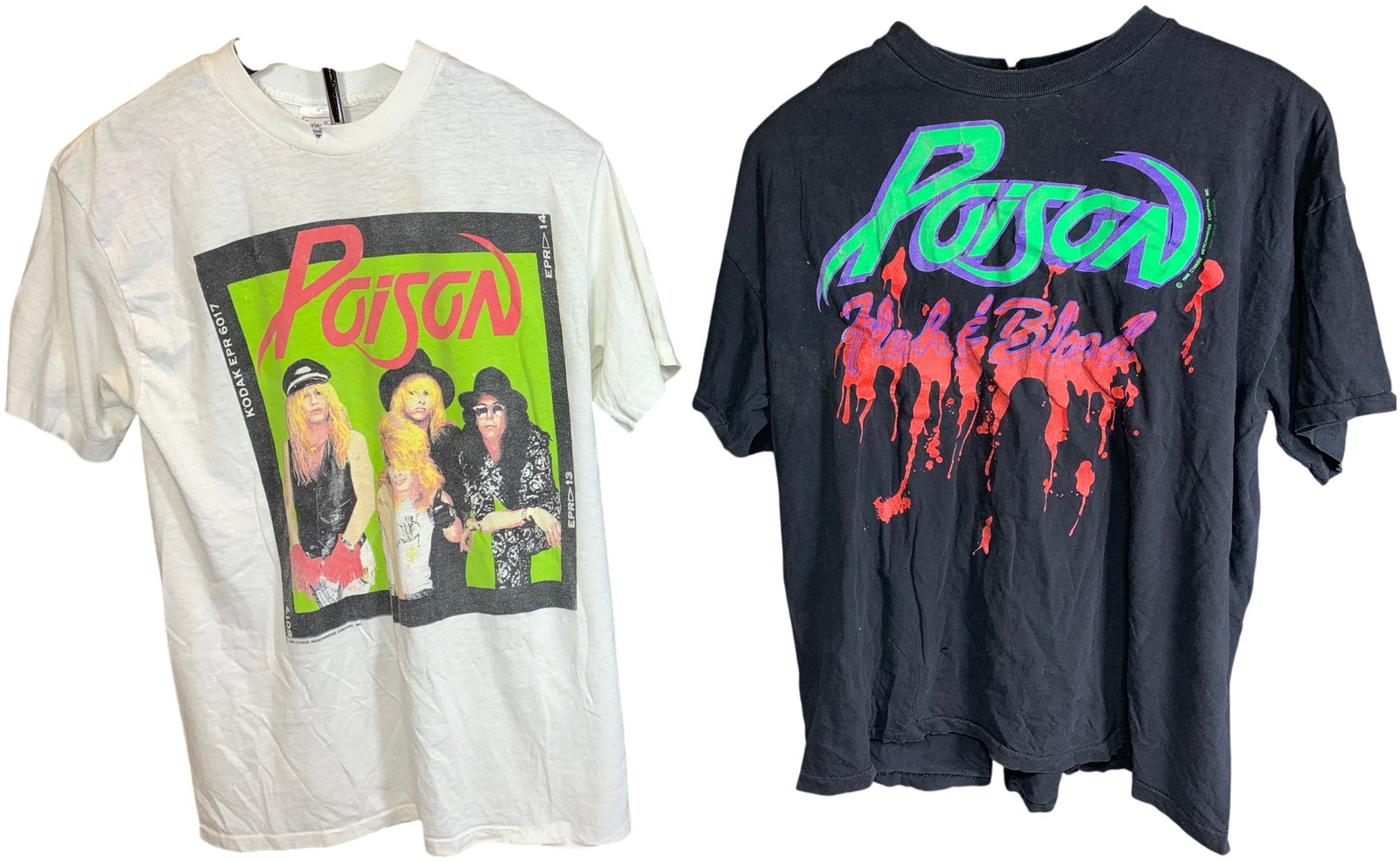 Vintage Poison Band T-Shirts, 1989 and 1990: This lot consists of vintage cotton t-shirts for the American glam metal band Poison. The first shirt is a white short-sleeve t-shirt from 1989. The front features a photographic band portrait in a fi