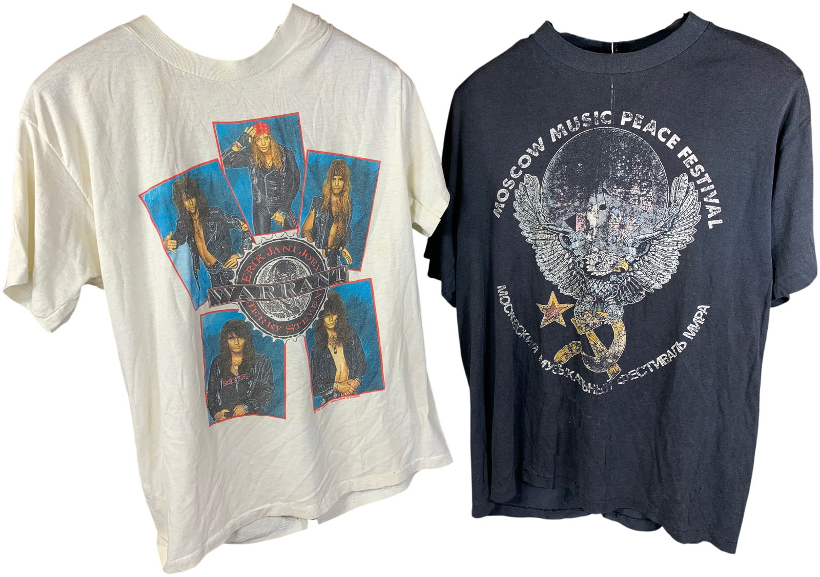Vintage 1989 Hard Rock Concert T-Shirts, Warrant and Moscow Music Peace Festival: This lot features original short-sleeve concert t-shirts from 1989. The first item is a white Warrant band t-shirt associated with the Dirty Rotten Filthy Stinking Rich era. The front features