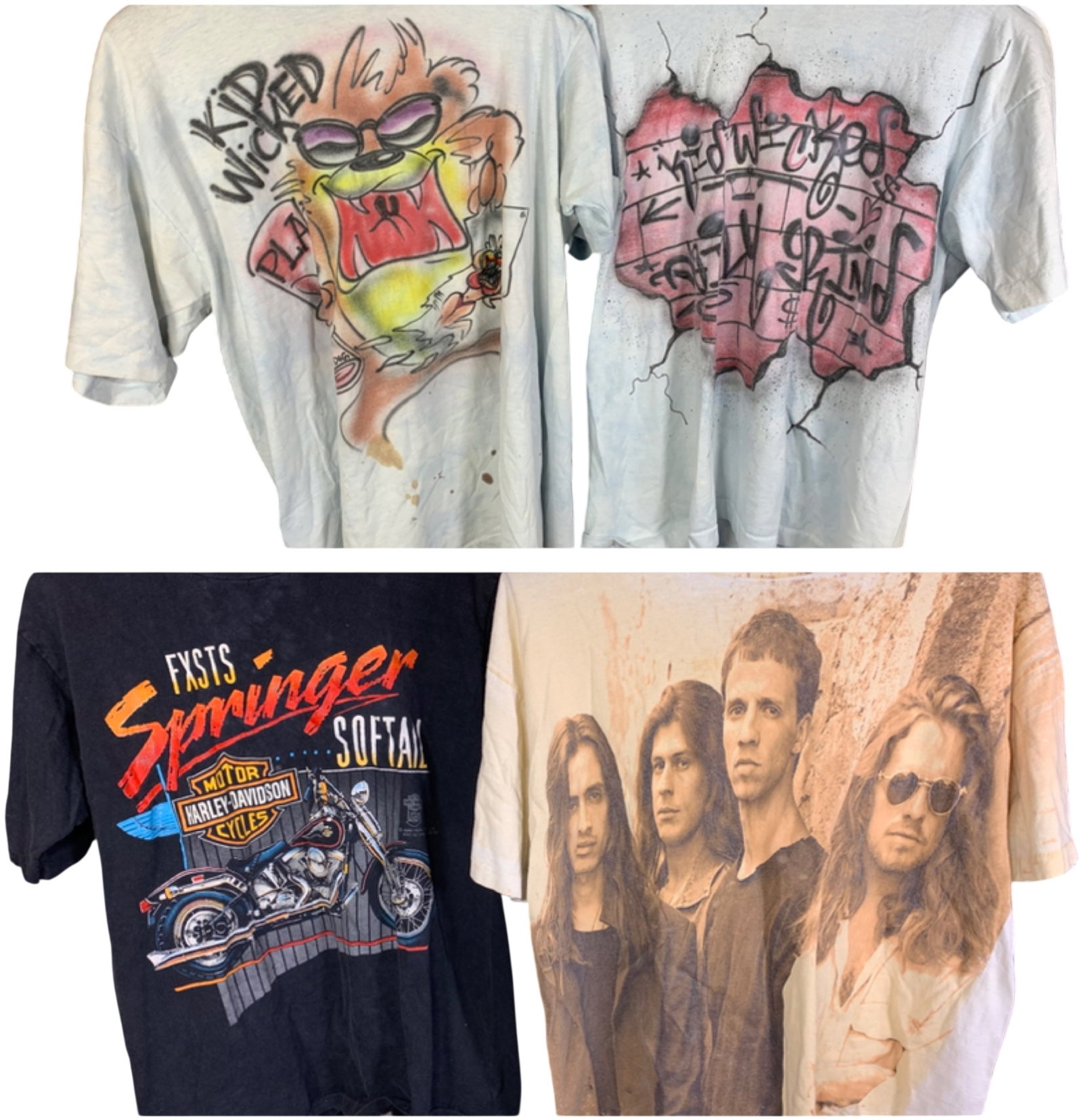 A Group of Four Vintage 1990s Graphic T-Shirts Including Alice in Chains and Harley-Davidson: This group consists of vintage short-sleeve graphic t-shirts representing various subcultures of the 1990s. The first item is a custom airbrushed t-shirt on light blue cotton featuring a character in