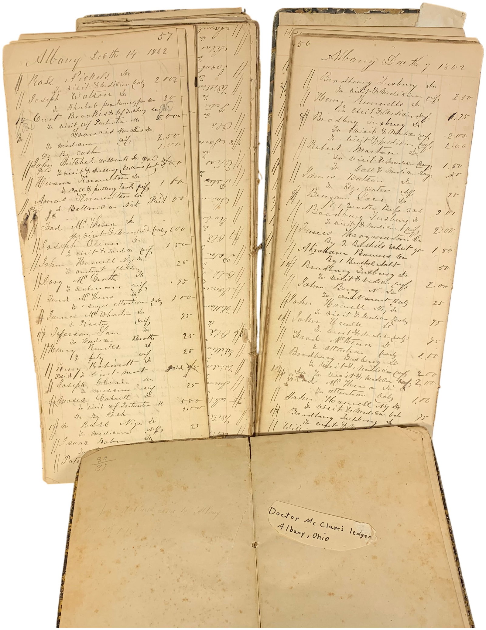 Doctor;'s Ledger Books Identified 1861-69 Albany Ohio: This collection consists of an assortment of 19th-century handwritten medical account ledgers and daybooks documenting the practice of Doctor McClure in Albany, Ohio. The records cover the years 1862