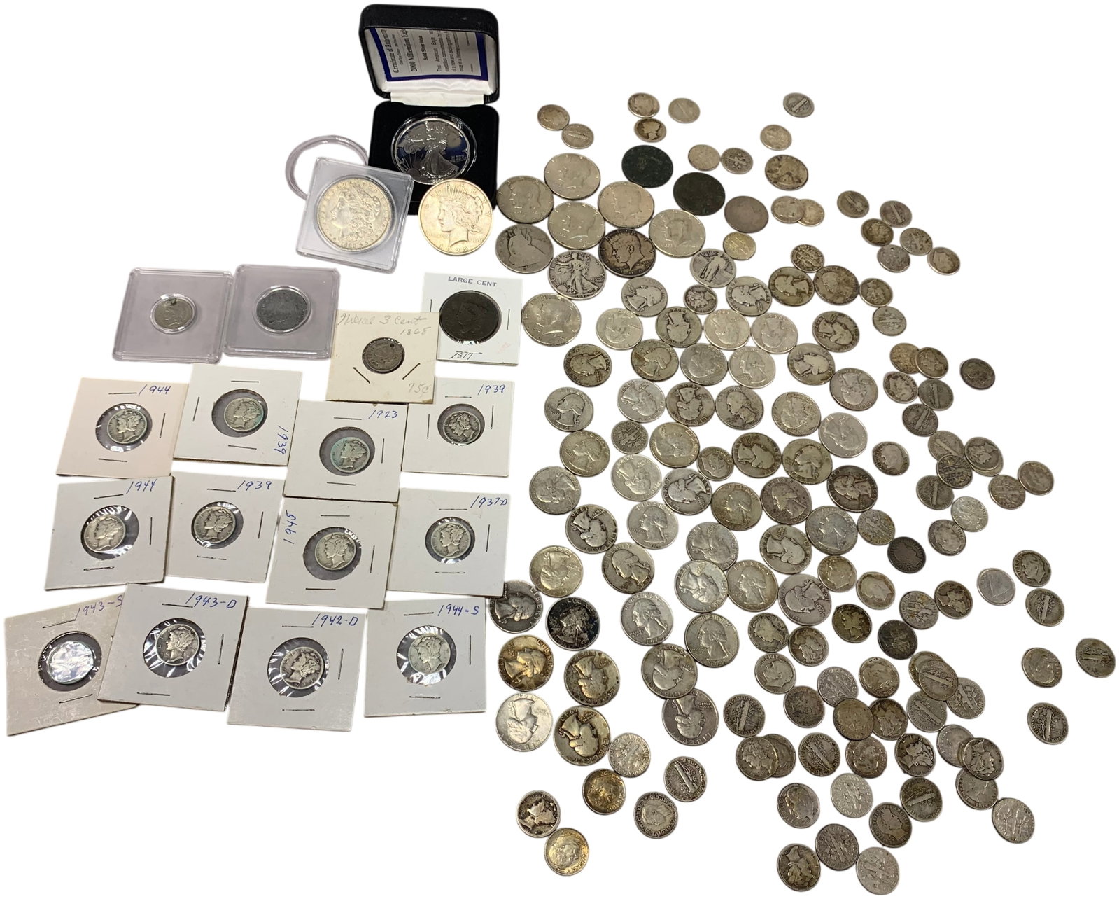A Collection of US Silver and Type Coins including Dollars, Halves, Quarters, Dimes, and Early (1 of 20)
