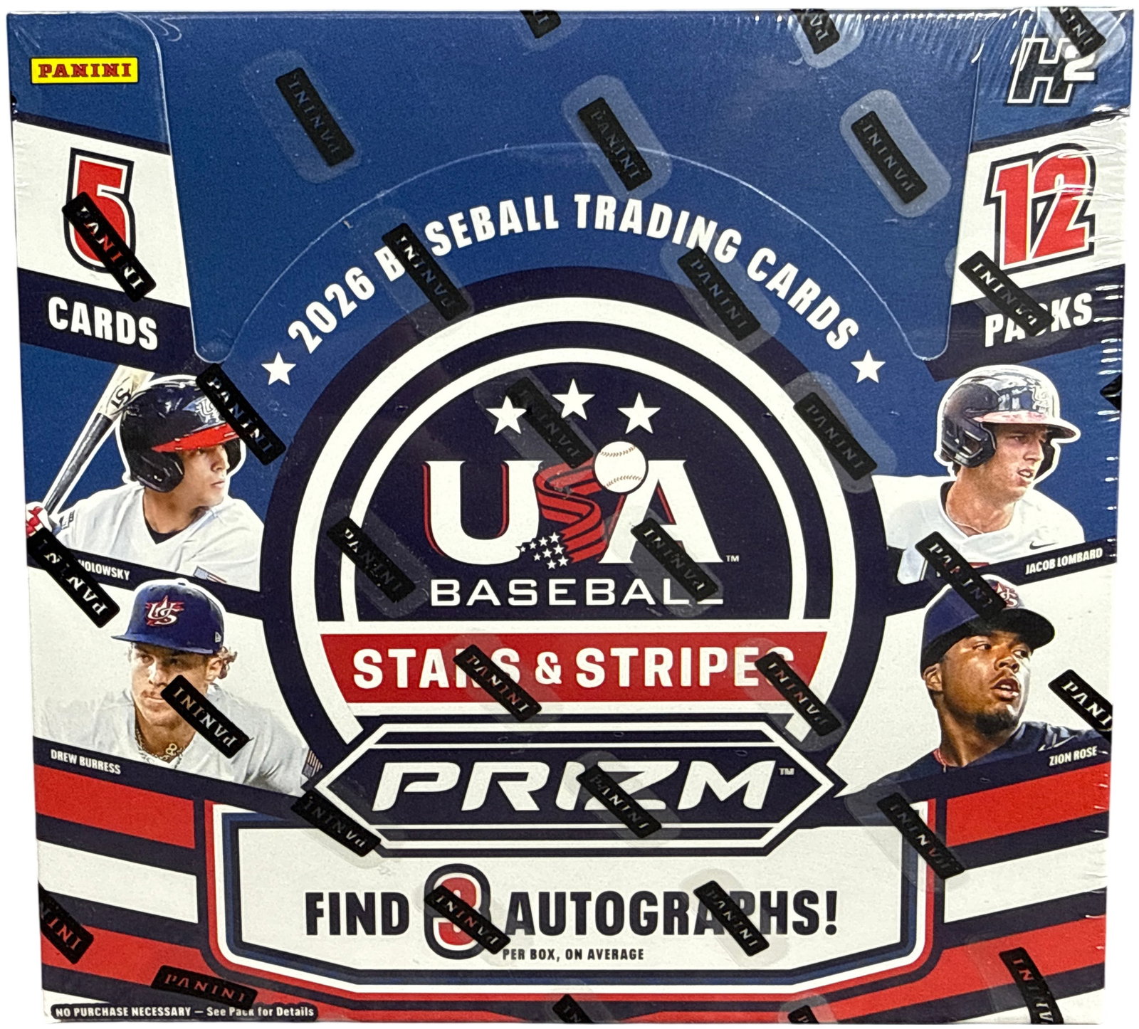 2024 Panini USA Baseball Stars & Stripes Prizm H2 Hobby Hybrid Trading Card Box: This is a factory-sealed hobby hybrid (H2) box of 2024 Panini USA Baseball Stars & Stripes Prizm trading cards. The box is configured with a group of packs, each containing a group of cards, for a tot
