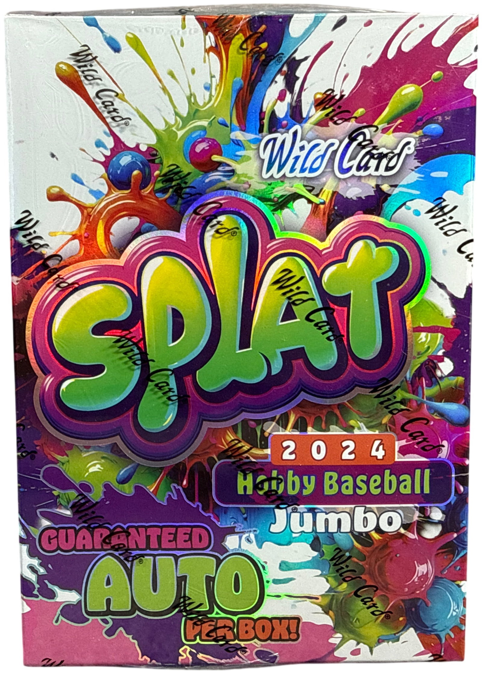2024 Wild Card SPLAT Baseball Hobby Jumbo Box: This is a factory-sealed hobby box of 2024 Wild Card SPLAT Baseball Jumbo trading cards. The box contains a pack with a total of trading cards. According to the manufacturer's printed guarantees on th