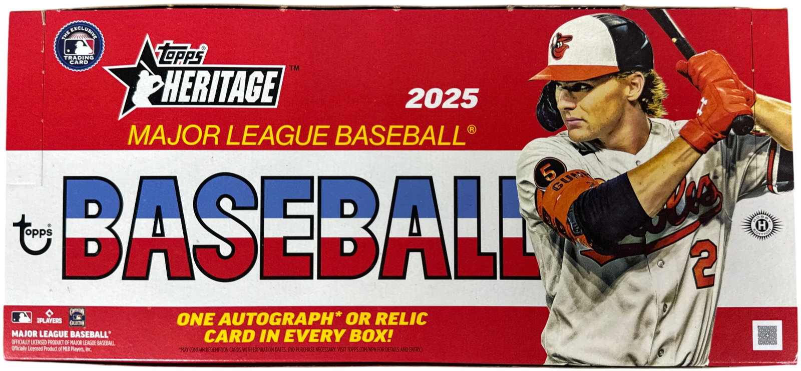 2025 Topps Heritage Baseball Hobby Box: This lot features a 2025 Topps Heritage Baseball hobby box, which utilizes the 1976 Topps baseball card design. The outer packaging displays Gunnar Henderson of the Baltimore Orioles as the featured c
