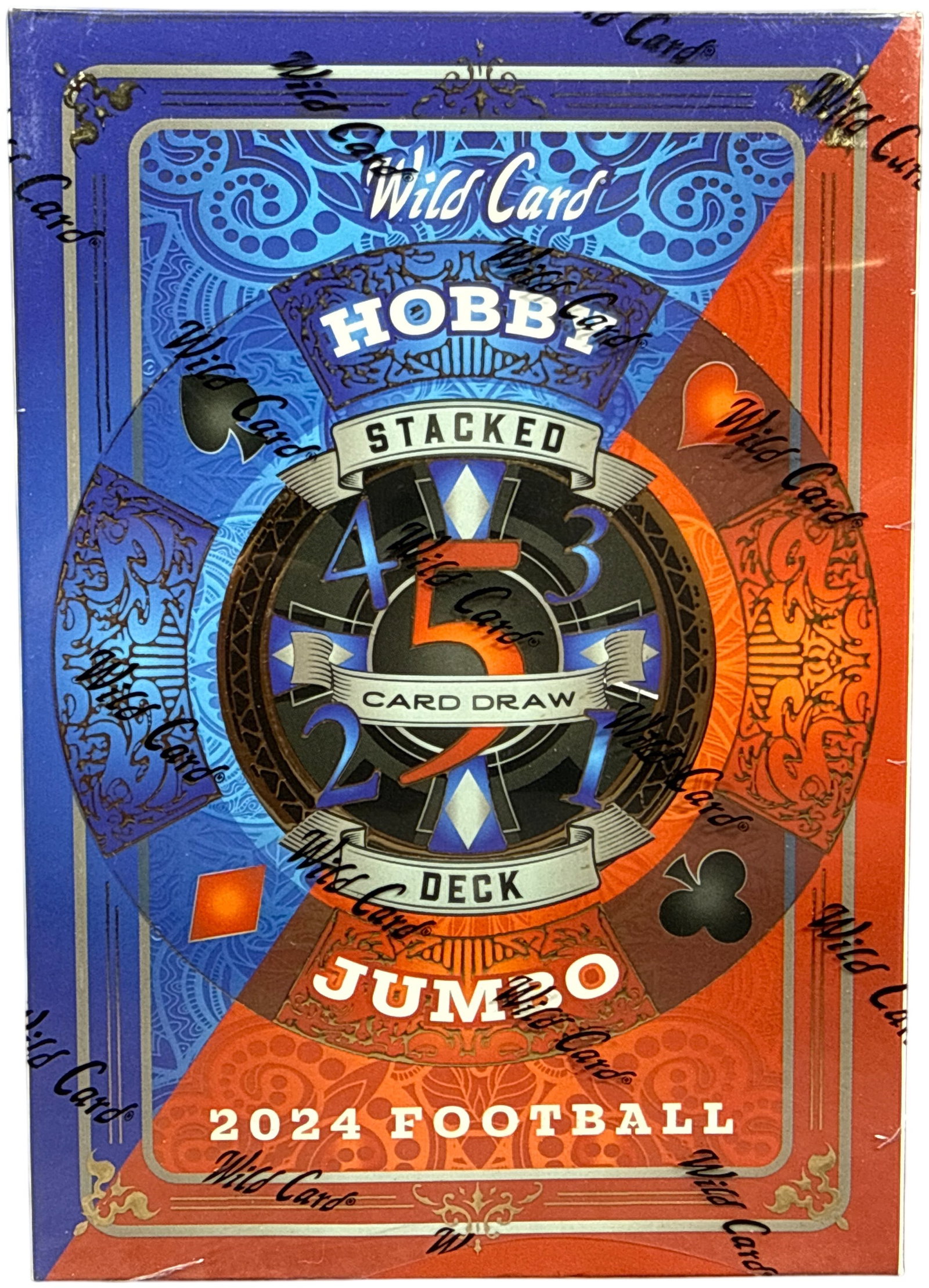 2024 Wild Card 5 Card Draw Stacked Deck Football Hobby Jumbo Box: This is a factory-sealed 2024 Wild Card 5 Card Draw Stacked Deck Football Hobby Jumbo box. The product contains a group of packs per box. Per the manufacturer packaging, the contents include a group o