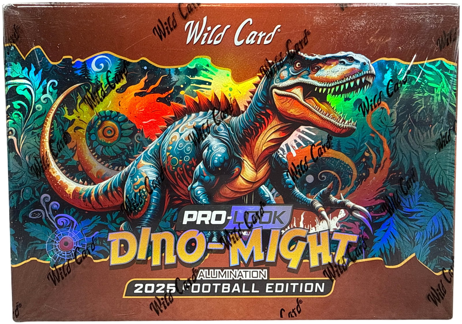 2025 Wild Card Pro-Look Dino-Might Alumination Football Hobby Box: This is a factory-sealed hobby box of 2025 Wild Card Pro-Look Dino-Might Alumination Football cards. The box contains five total trading cards, each individually foil-wrapped and encased in a clear ho