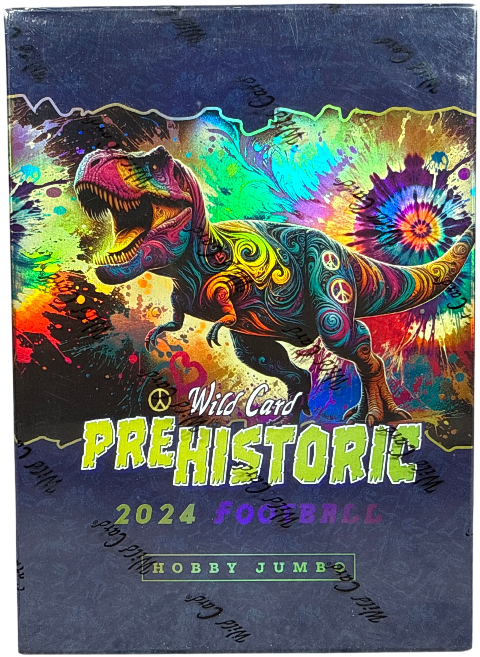 2024 Wild Card Prehistoric Football Hobby Jumbo Box Factory Sealed: This is a 2024 Wild Card Prehistoric Football Hobby Jumbo trading card box. The product is factory-sealed in clear shrink wrap featuring a repeating black Wild Card logo. The box design features psych