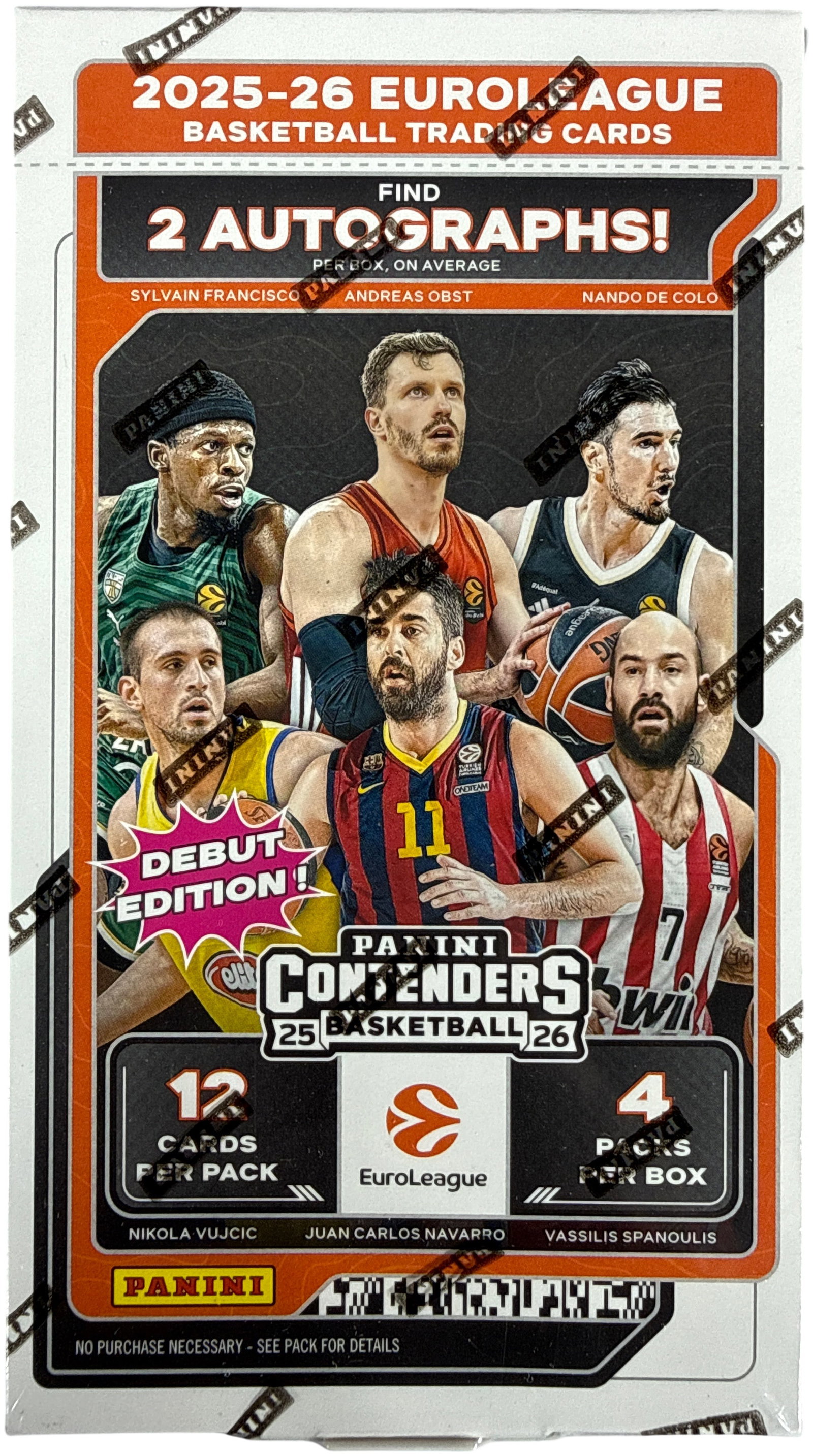 2025-26 Panini Contenders EuroLeague Basketball Debut Edition Factory Sealed Hobby Box: This is a factory-sealed hobby box of 2025-26 Panini Contenders EuroLeague Basketball trading cards, identified as the Debut Edition. The packaging is in its original clear factory shrink wrap featuri