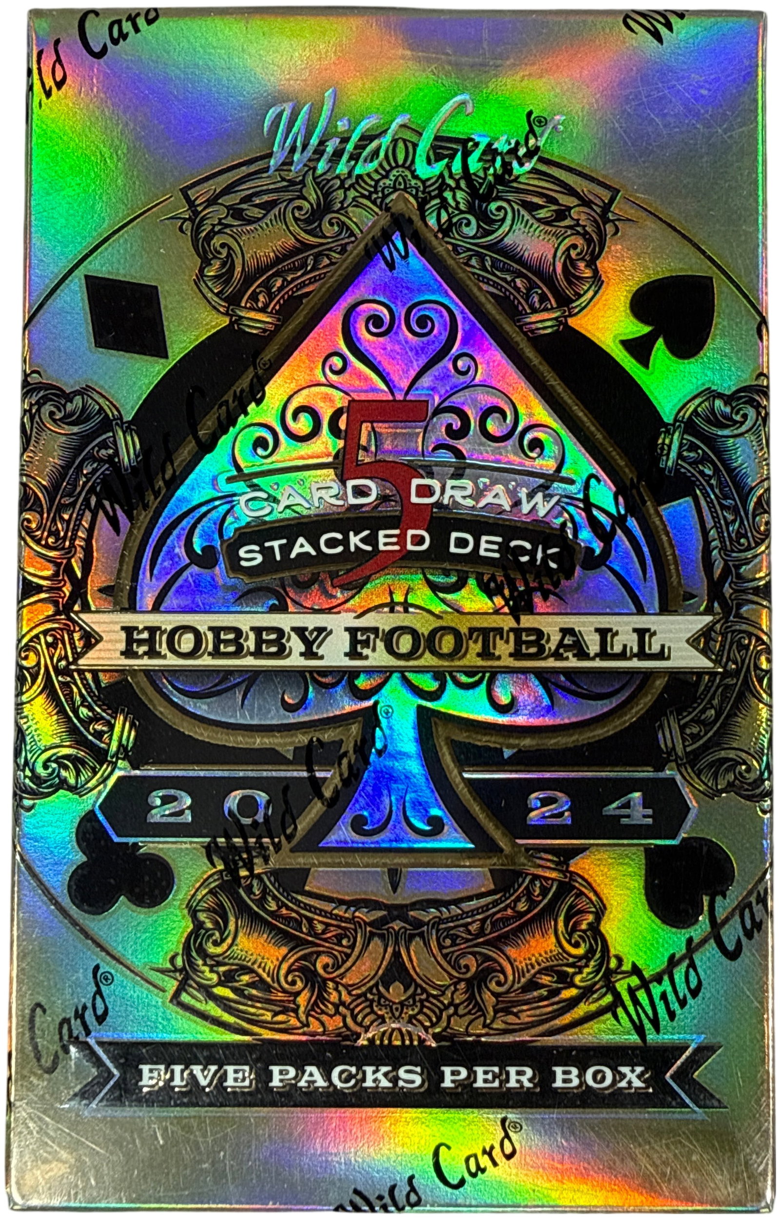 2024 Wild Card Five Card Draw Stacked Deck Football Hobby Box Factory Sealed: A factory-sealed hobby box of 2024 Wild Card 5 Card Draw Stacked Deck Football trading cards. The box is constructed with a multi-color rainbow holographic foil finish. Its design features various car