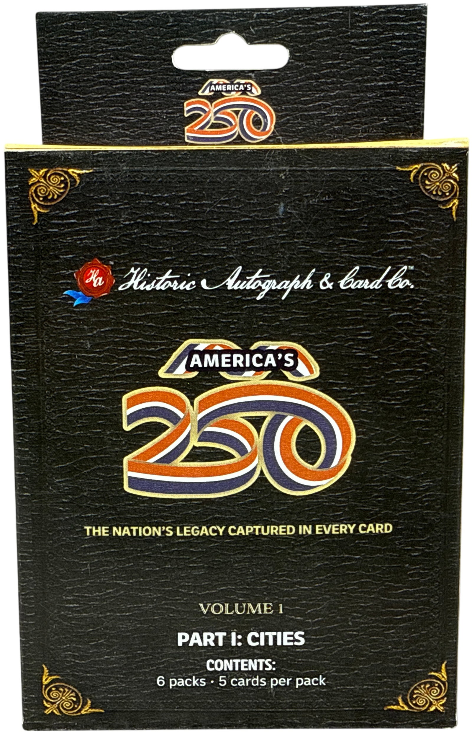 2026 Historic Autographs America's 250th Anniversary Part I: Cities Hobby Box: This is a factory-sealed hobby box from the America's a group of trading card series, manufactured by Historic Autograph & Card Co. of Pottstown, Pennsylvania. This specific item is identified as Volu