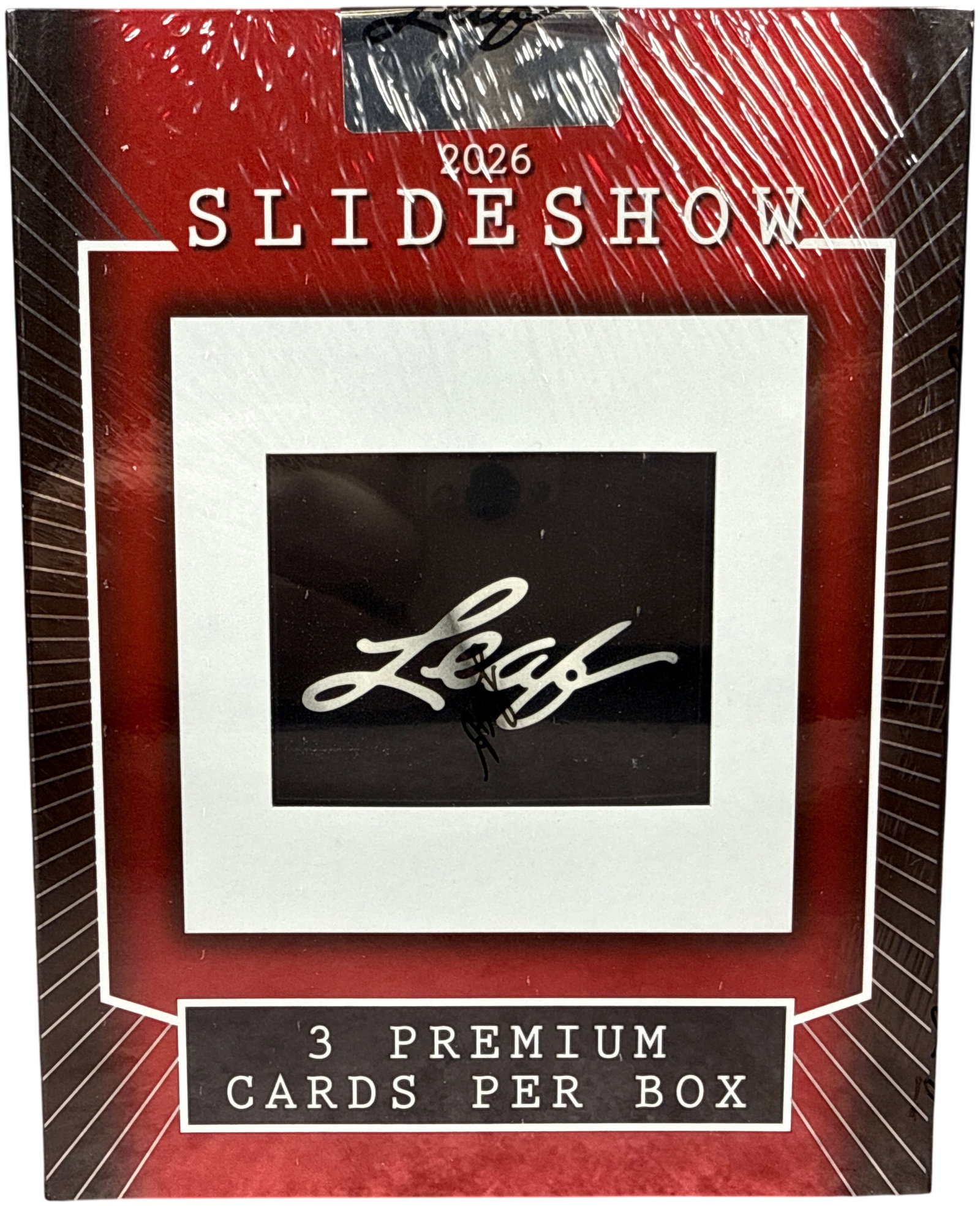 2026 Leaf Slideshow Hobby Trading Card Box: This is a factory-sealed hobby box of 2026 Leaf Slideshow trading cards manufactured by Leaf Trading Cards. The box configuration contains premium cards per box. The exterior graphic design utilizes a